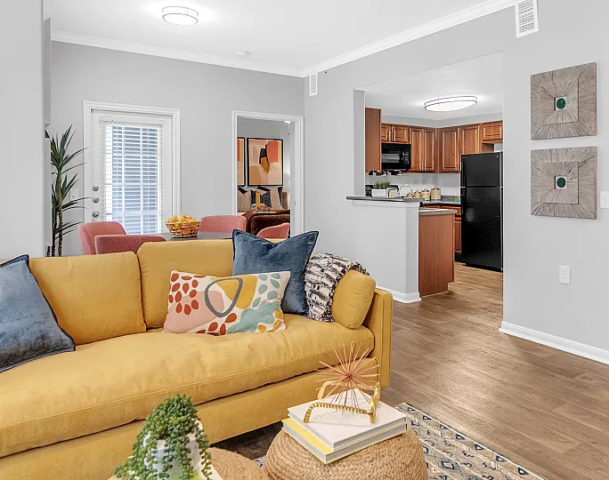 spacious living room with open kitchen