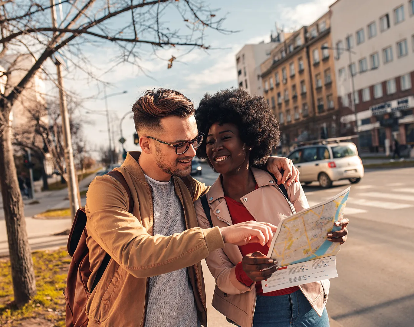 stock image of a couple exploring a town