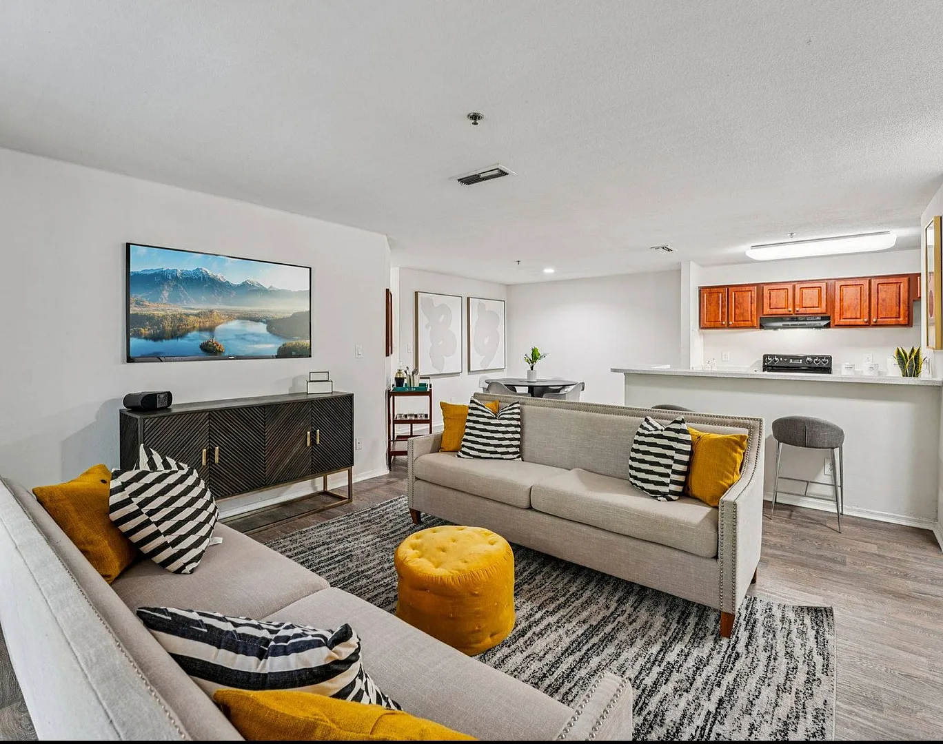spacious living room with open kitchen