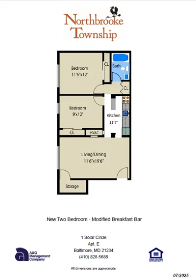 Northbrooke Township floor plan showcasing a modern two-bedroom layout with a modified breakfast bar, spacious living/dining area, and well-appointed kitchen in Baltimore, MD.