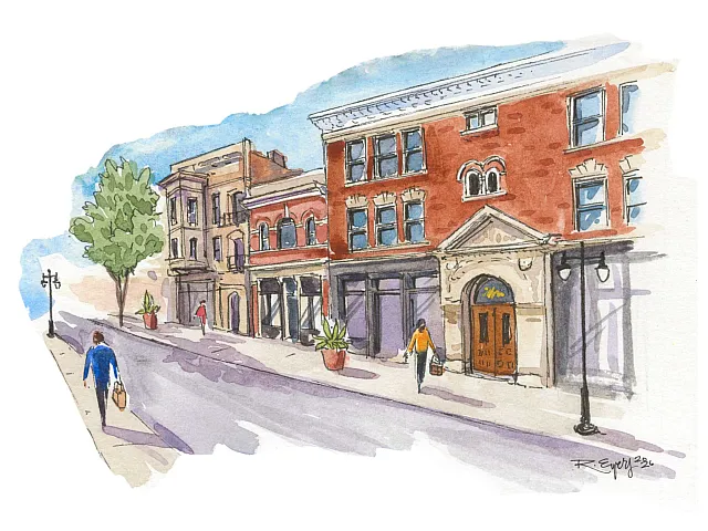 Charming watercolor illustration of a vibrant street with historic buildings, lush trees, and people strolling by.