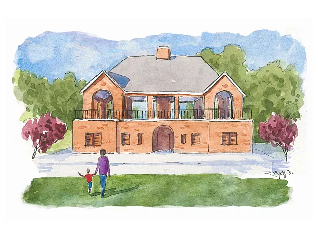 Charming watercolor illustration of a two-story brick home surrounded by lush greenery, capturing a serene suburban atmosphere.