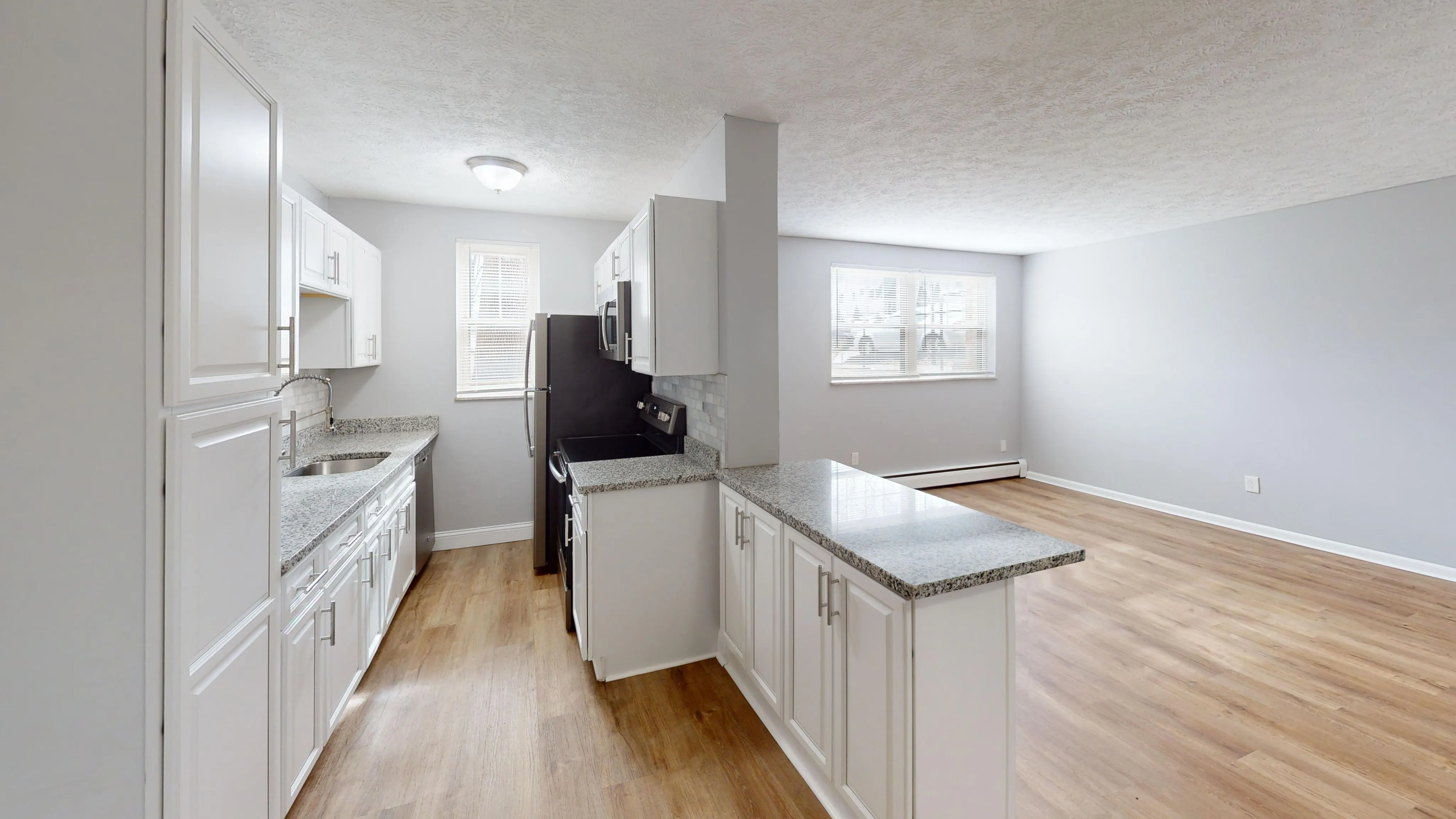Modern open kitchen with white cabinetry, granite countertops, and adjoining bright living space with wood flooring.