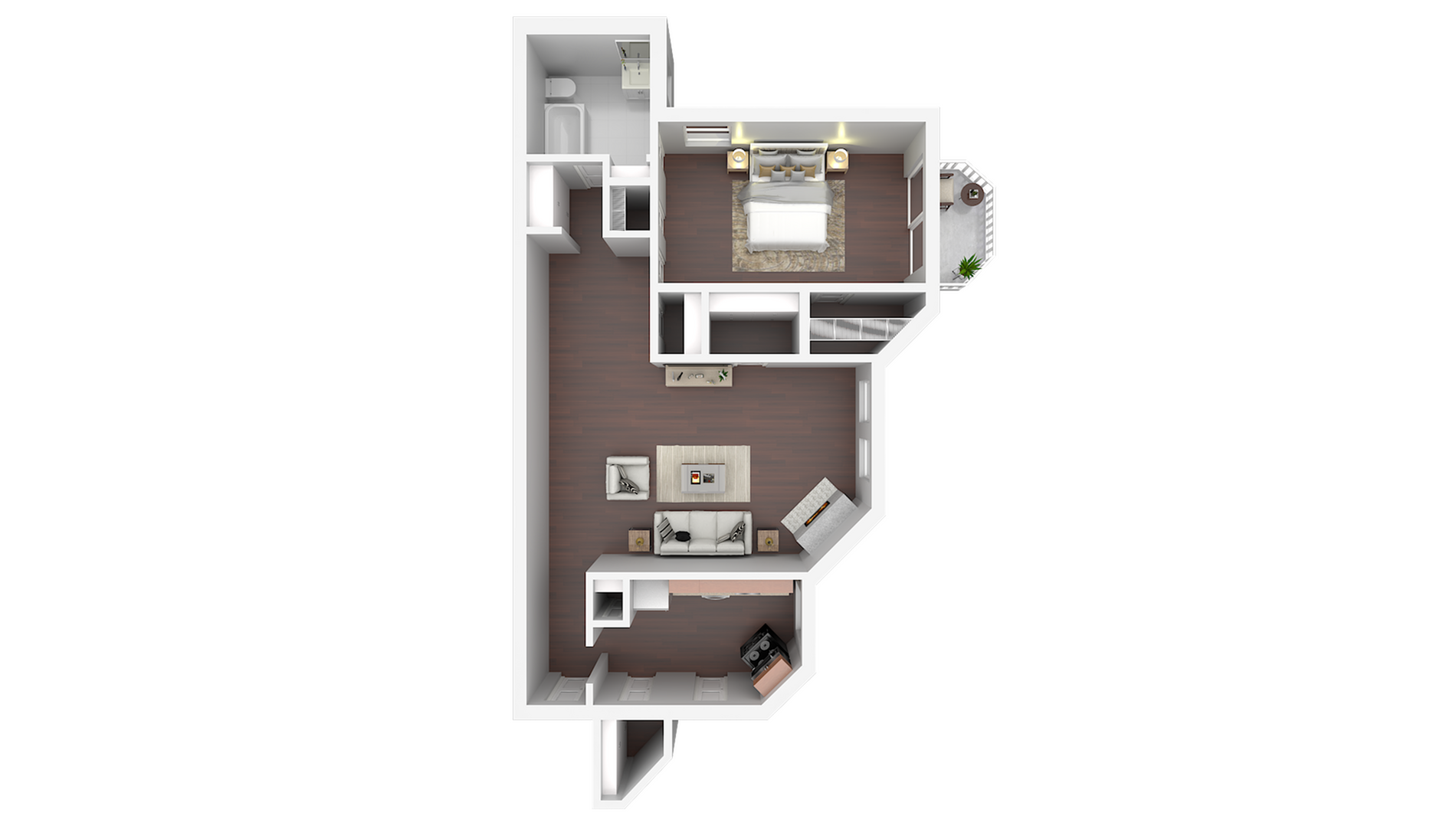 Modern 3D floor plan featuring a cozy one-bedroom layout with an elegant open living and dining area, sleek kitchen, and stylish bathroom, perfect for urban living.