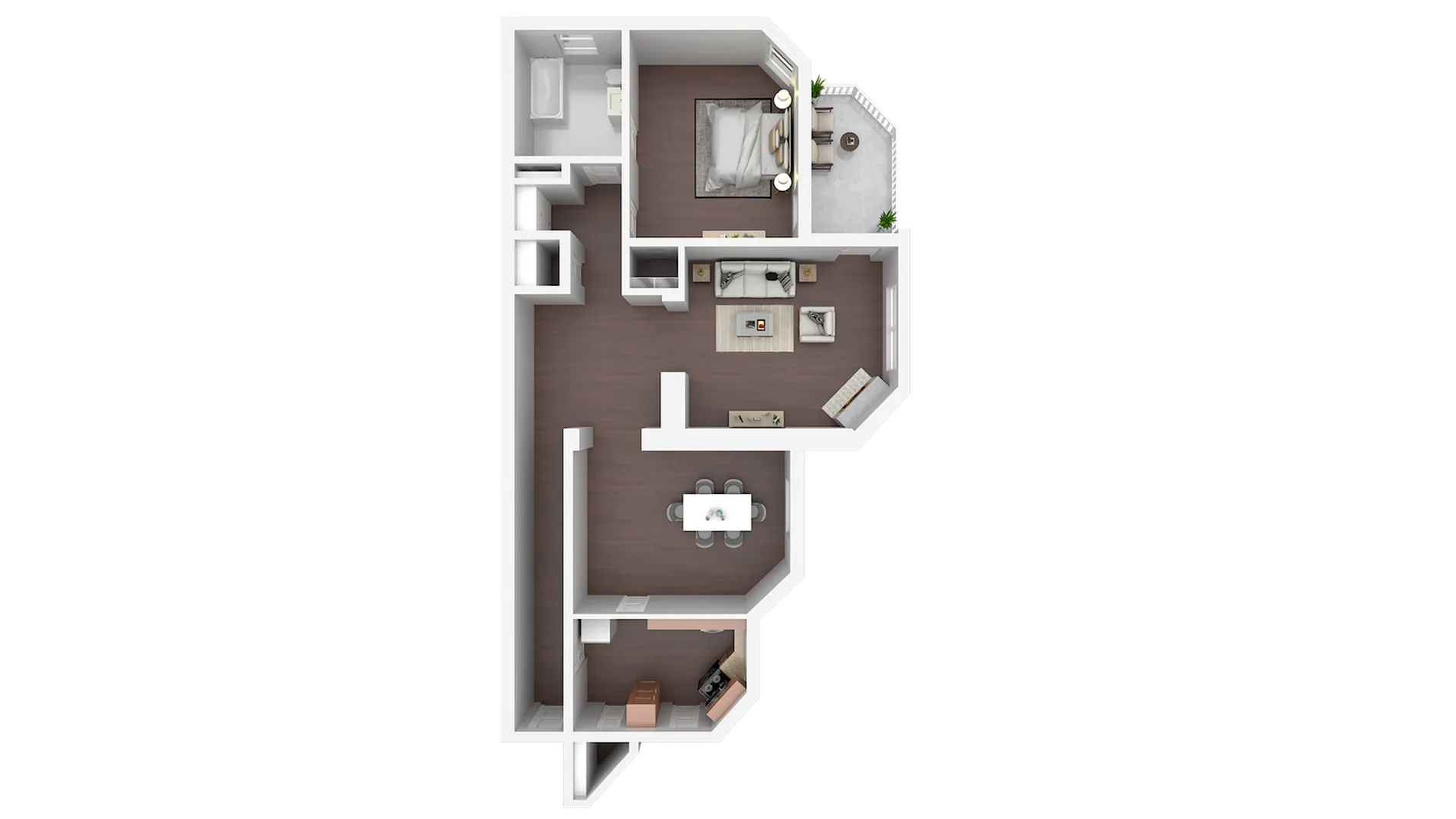 Modern 2D floor plan featuring a cozy one-bedroom layout with an open-plan living and dining area, stylish kitchen, and inviting balcony space.