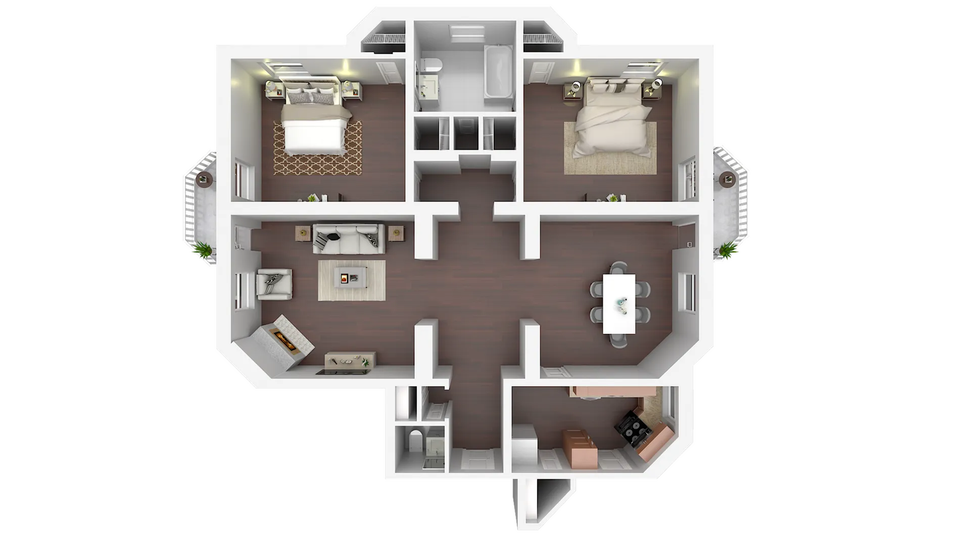Elegant 3D floor plan featuring two spacious bedrooms, a modern open-concept living and dining area, and a stylish kitchen with contemporary finishes.