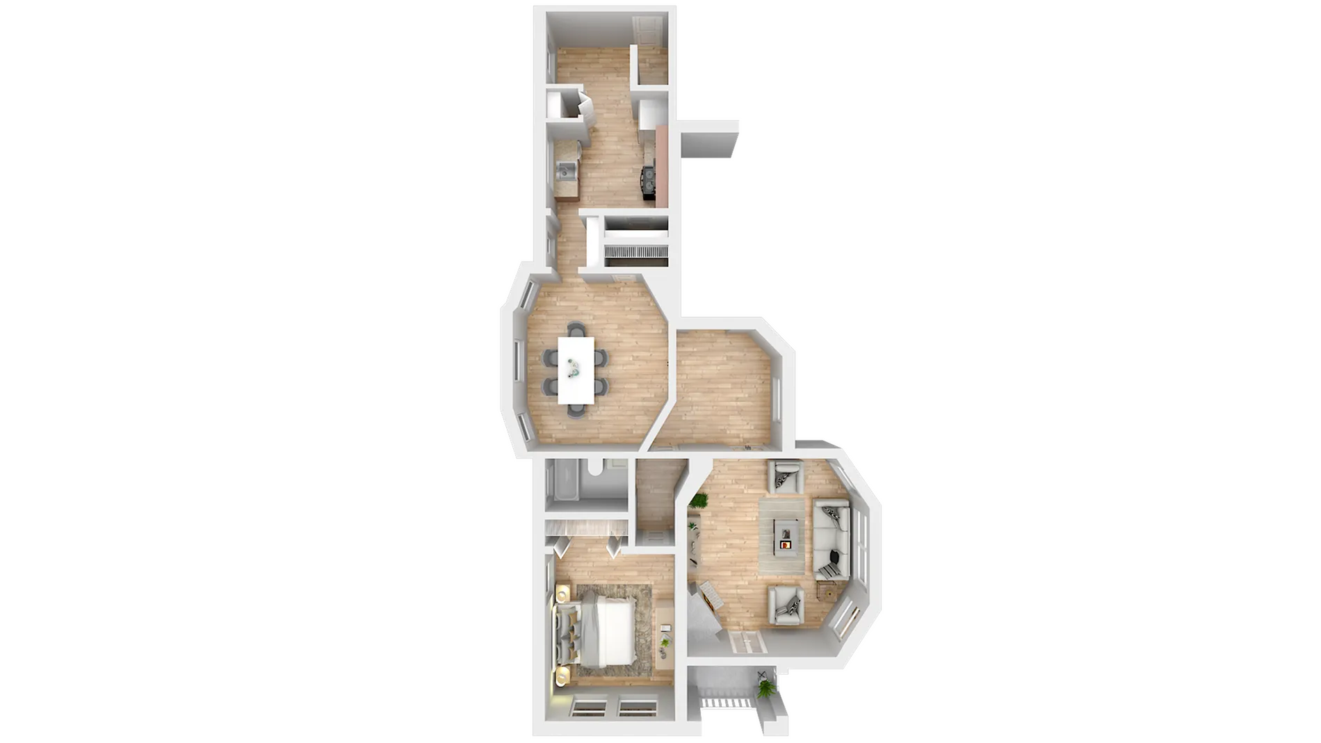 Modern 3D floor plan showcasing an elegant layout with 1 bedroom, a stylish dining area, a cozy living room, and a well-appointed kitchen.