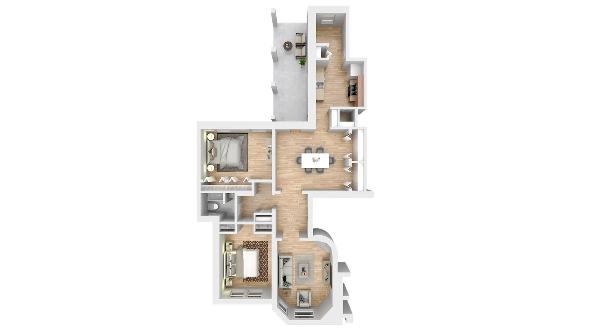 Modern 3D floor plan featuring 2 cozy bedrooms, an inviting living room, elegant dining area, and a sleek kitchen opening to a spacious balcony.