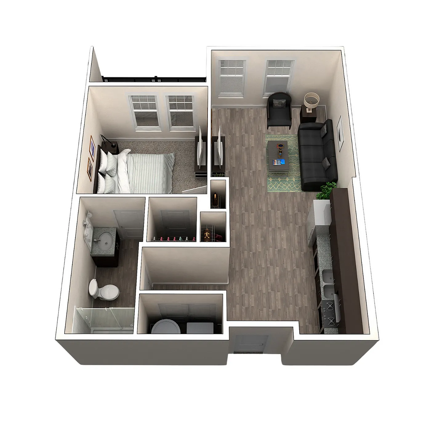 Charming 1-bedroom apartment with modern open living area and sleek kitchen design.