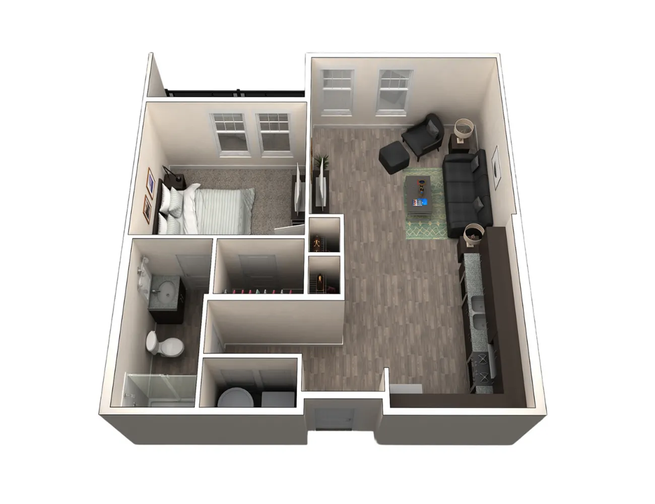 Elegant 3D floor plan of a chic one-bedroom apartment featuring an open living room, modern kitchen, and cozy bathroom.