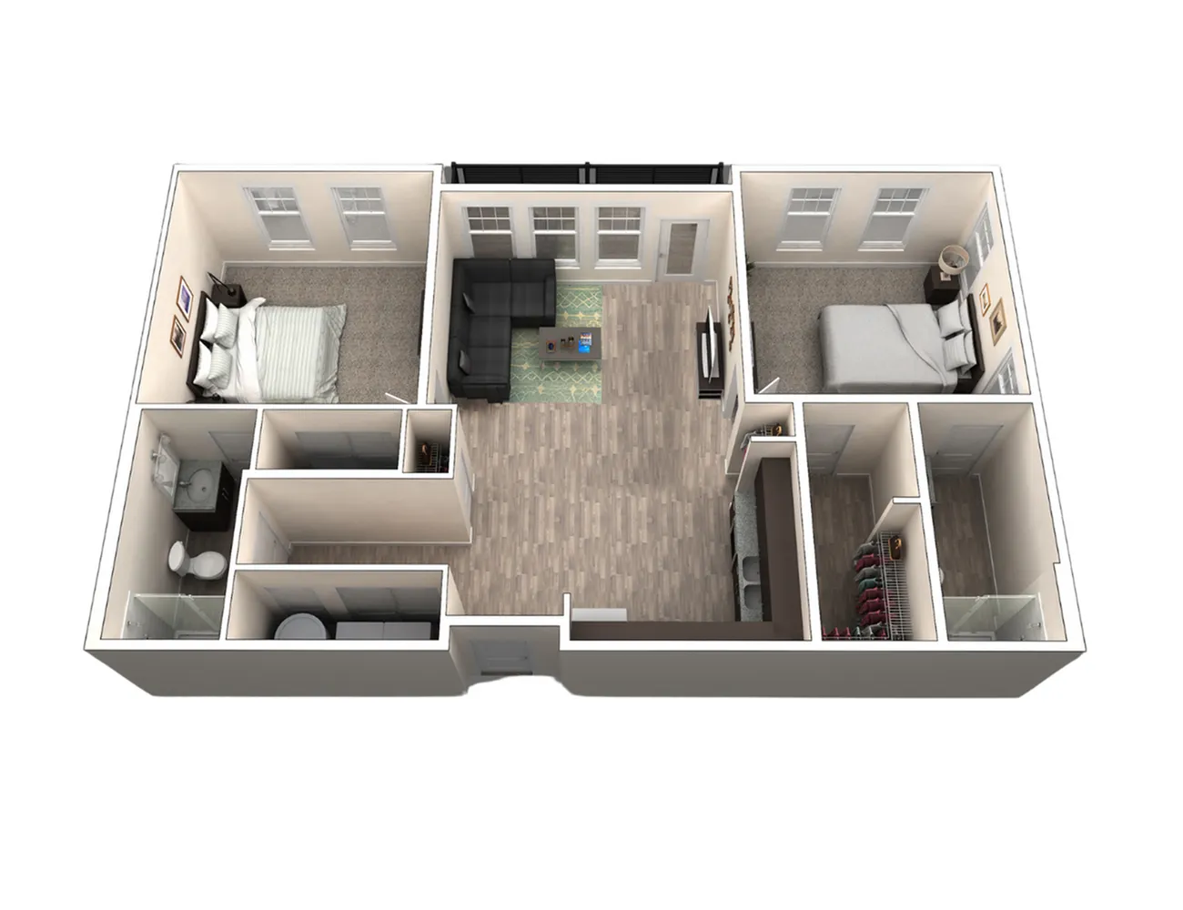 3D floor plan showcasing 2 spacious bedrooms, a cozy open living area, modern kitchen, and elegant bathrooms.