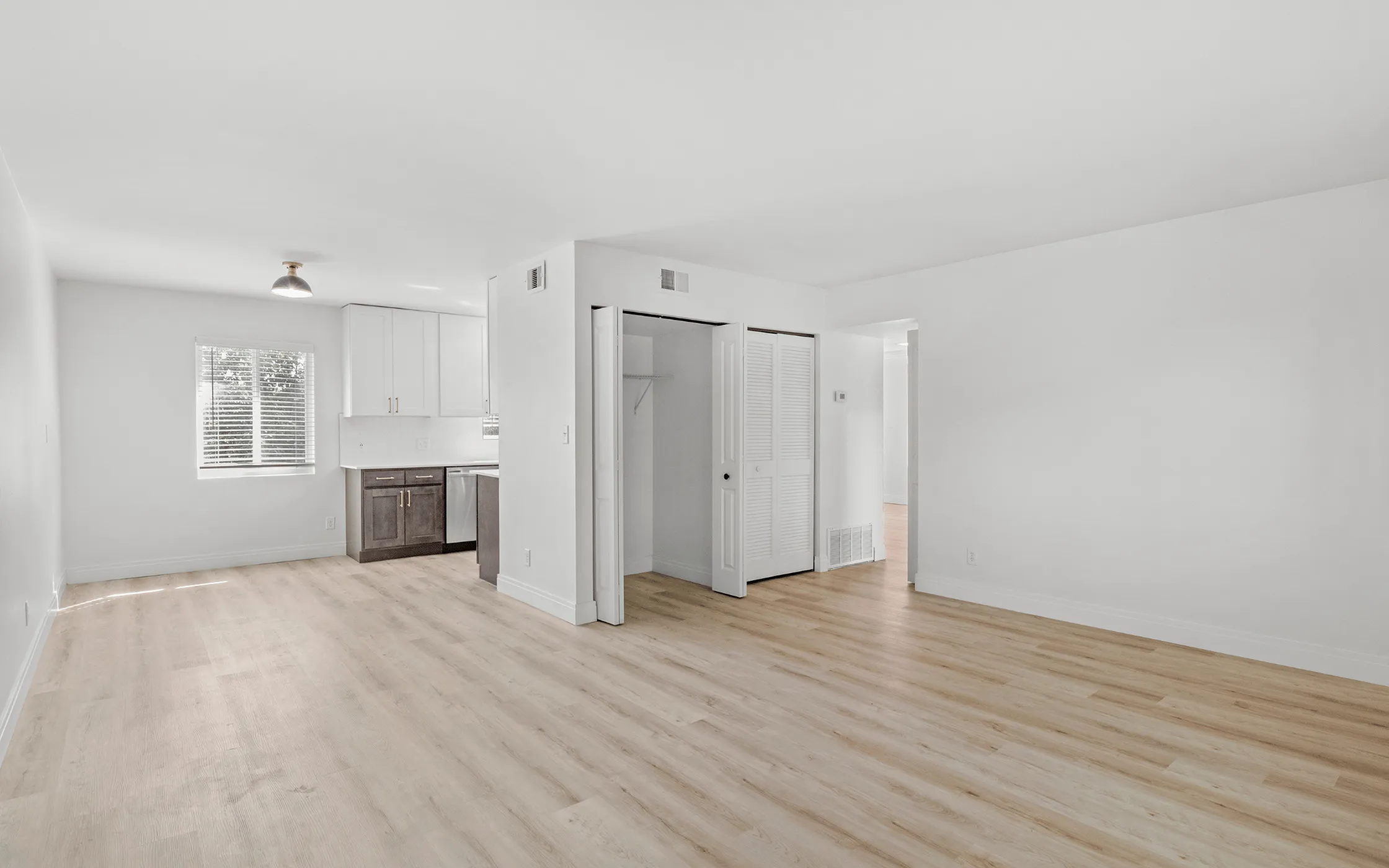 Bright, modern apartment interior featuring open floor plan with light hardwood floors, spacious living area, and sleek kitchen with contemporary cabinetry.