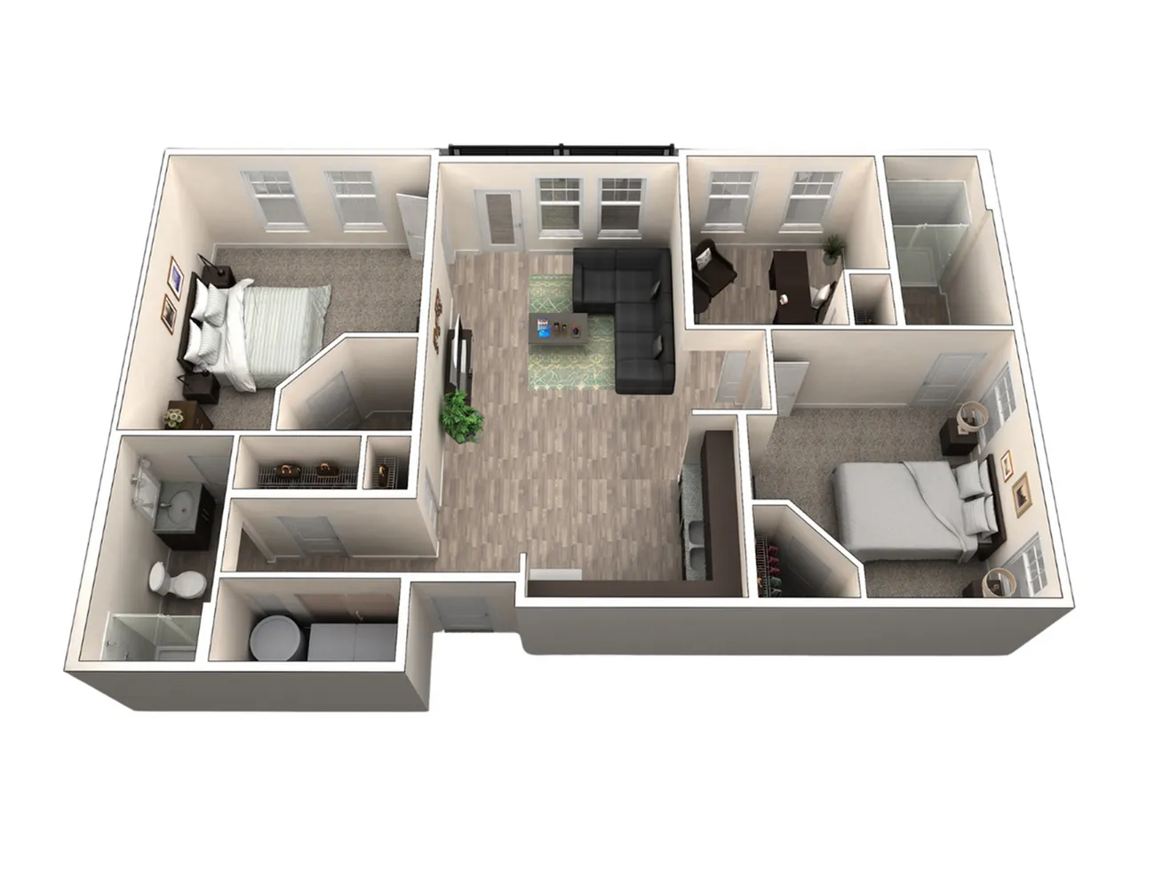 Modern 3D floor plan showcasing two spacious bedrooms, a cozy living area, and a contemporary kitchen.