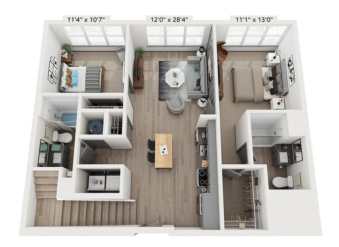 The DeSales 2-bedroom, 2-bathroom floor plan ranging from 1,043 to 1,080 square feet at Woodburn Exchange.