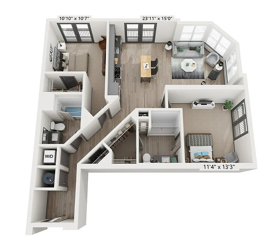 The Woods 2-bedroom, 2-bathroom, 1,090-square-foot floor plan at Woodburn Exchange in East Walnut Hills.