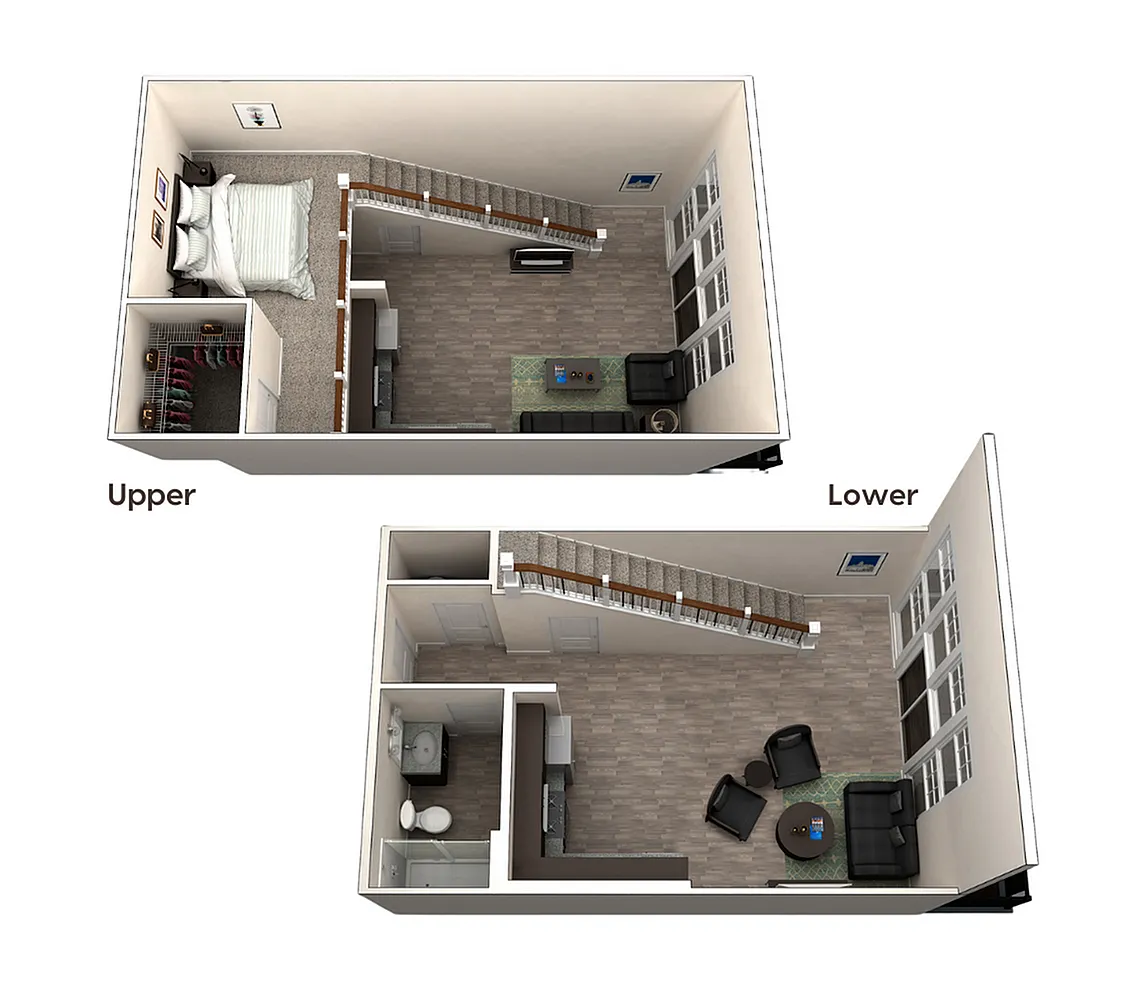 Chic loft apartment floor plan showcasing an upper level bedroom with a spacious closet and a lower level open living area with modern furnishings.