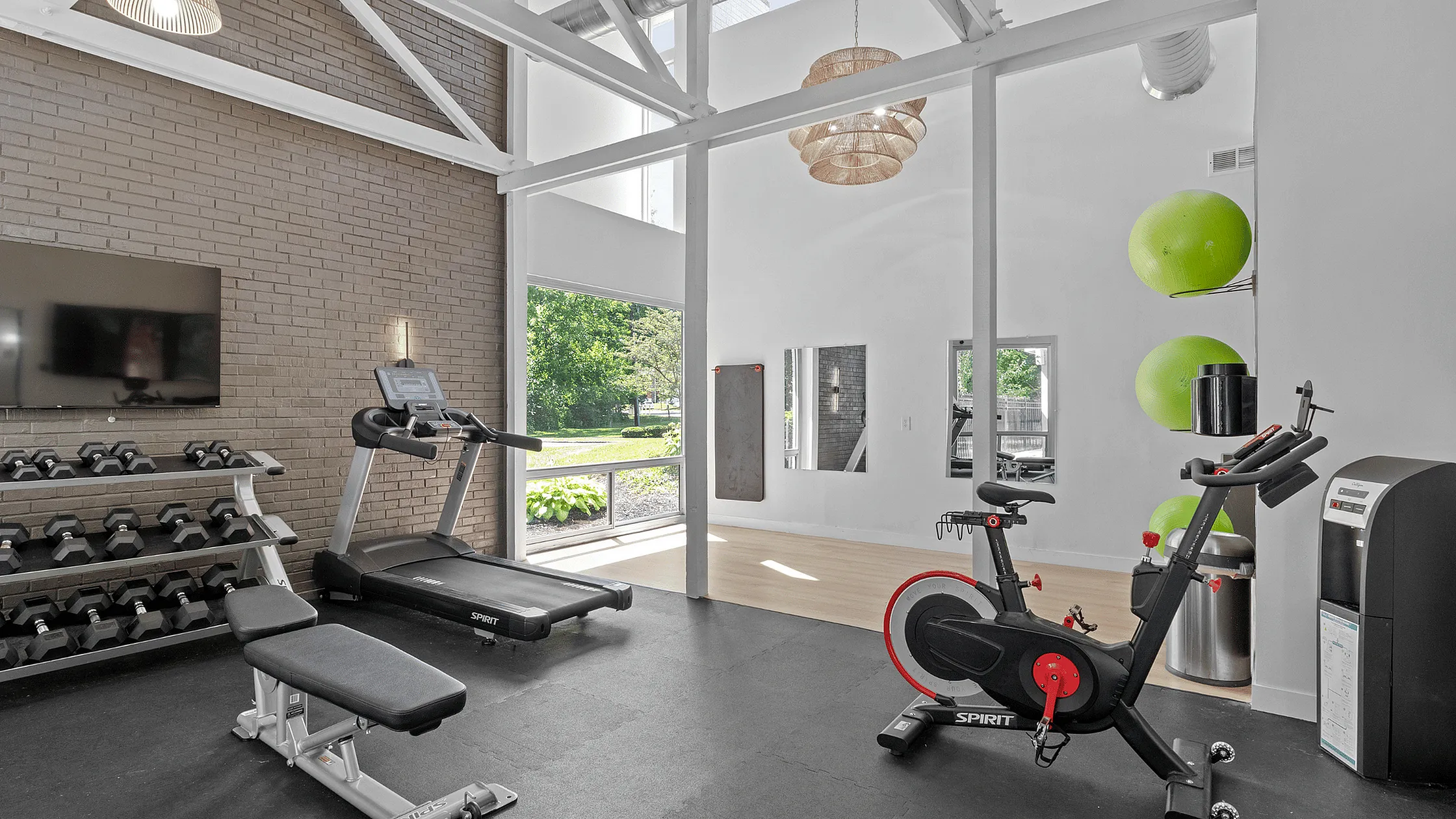 Bright and modern gym featuring cardio equipment, free weights, and exercise balls with a scenic outdoor view.