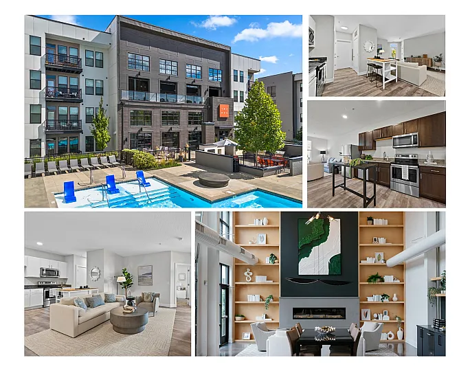 Modern apartment complex featuring a luxurious swimming pool, stylish living area with open kitchen, elegant dining room, and contemporary design elements.