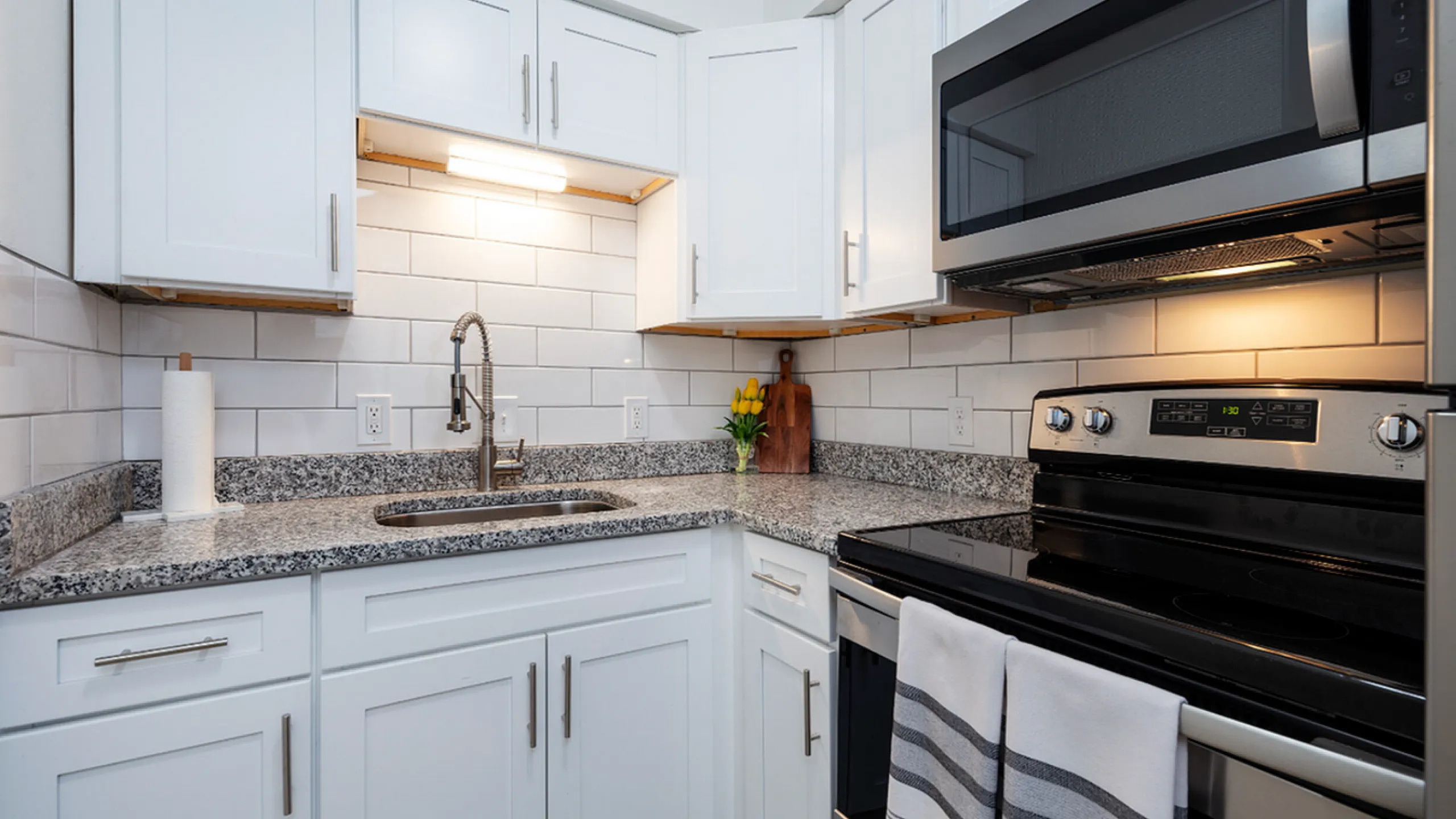 Contemporary kitchen with sleek granite countertops, white cabinetry, and modern stainless steel appliances.