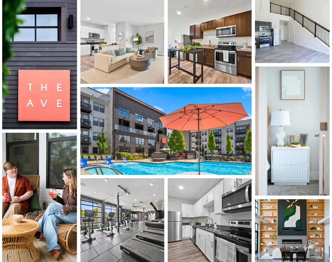 Explore The Ave's modern apartment amenities featuring a stylish living room, gourmet kitchen, and spacious loft. Enjoy outdoor leisure at the sparkling pool with sun loungers and vibrant decor. Amenities include a state-of-the-art fit