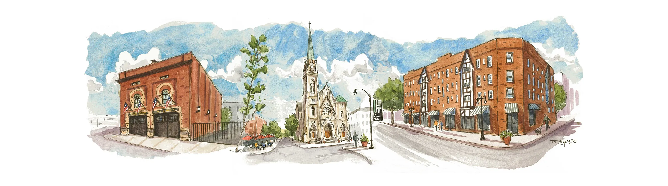 Charming watercolor illustration showcasing a vibrant street with a historic firehouse, elegant church, and classic brick apartment buildings under a picturesque sky.
