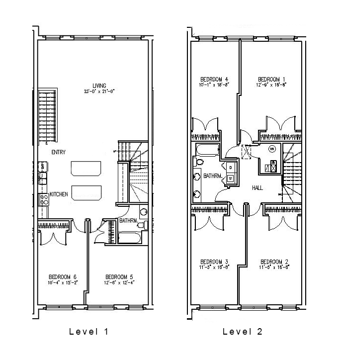 Contemporary two-level floor plan showcasing a spacious living area, modern kitchen, and five cozy bedrooms.