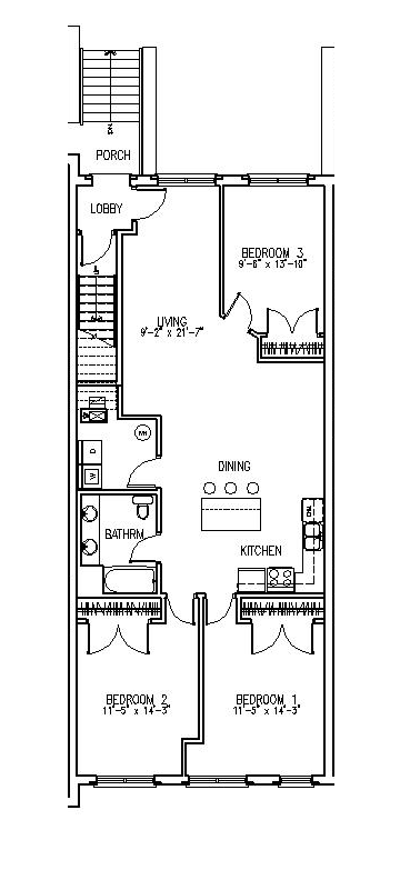 Inviting apartment floor plan with 3 bedrooms, cozy living and dining area, and a functional kitchen layout.