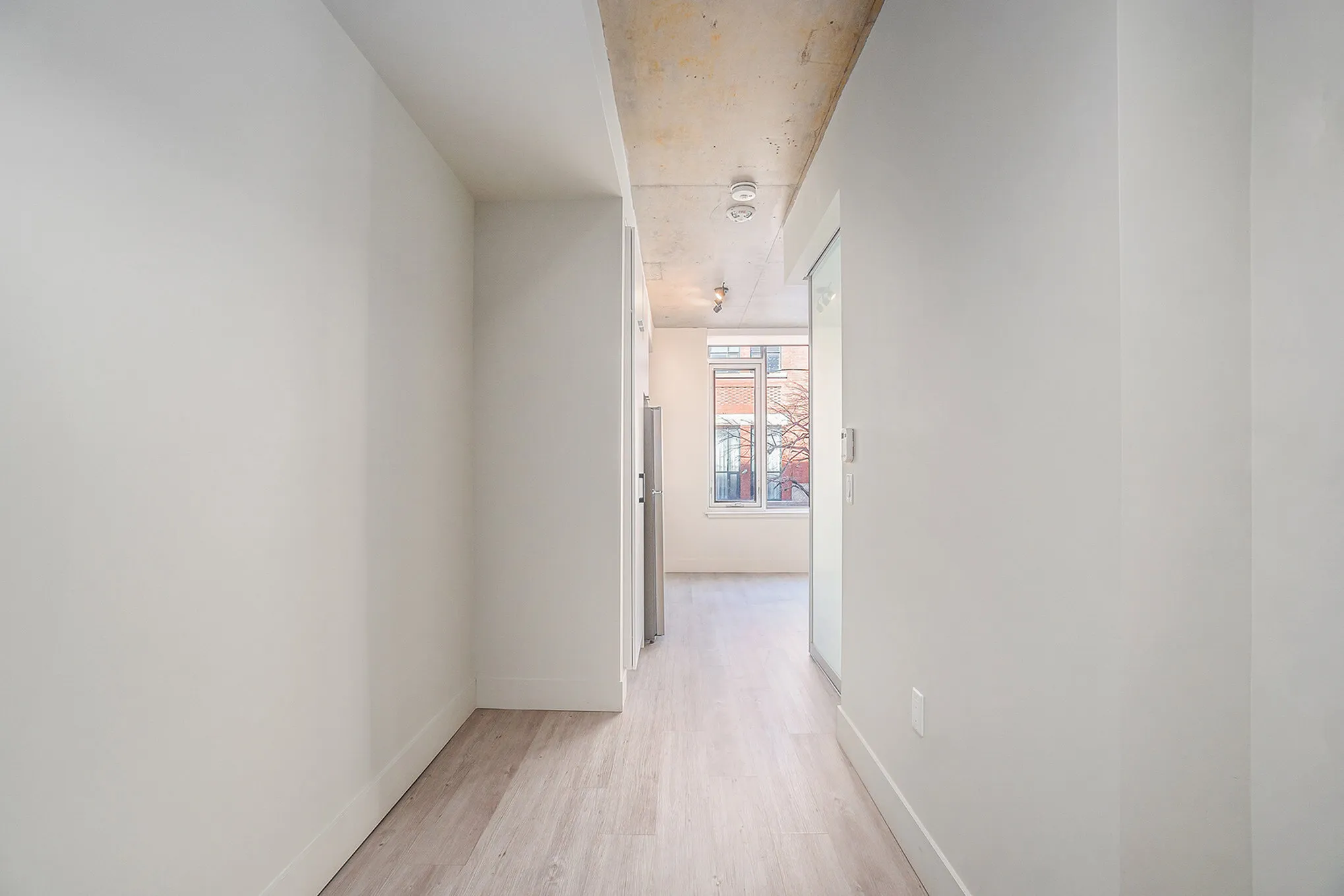 Bright and airy apartment hallway with contemporary design and large window offering natural light.
