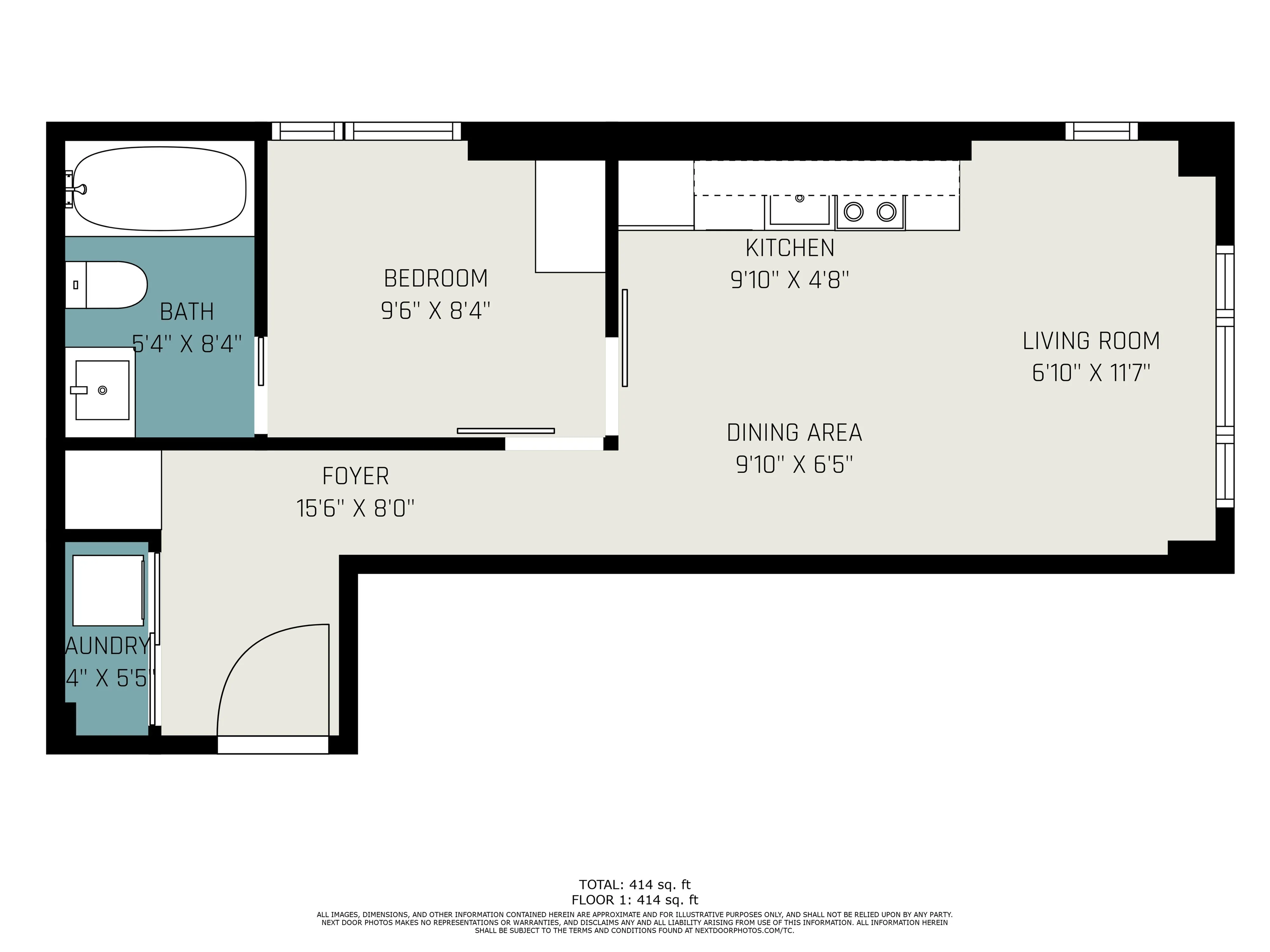 Compact and efficient floor plan featuring 1 bedroom, stylish kitchen, cozy living room, and modern bath. Total 414 sq. ft.