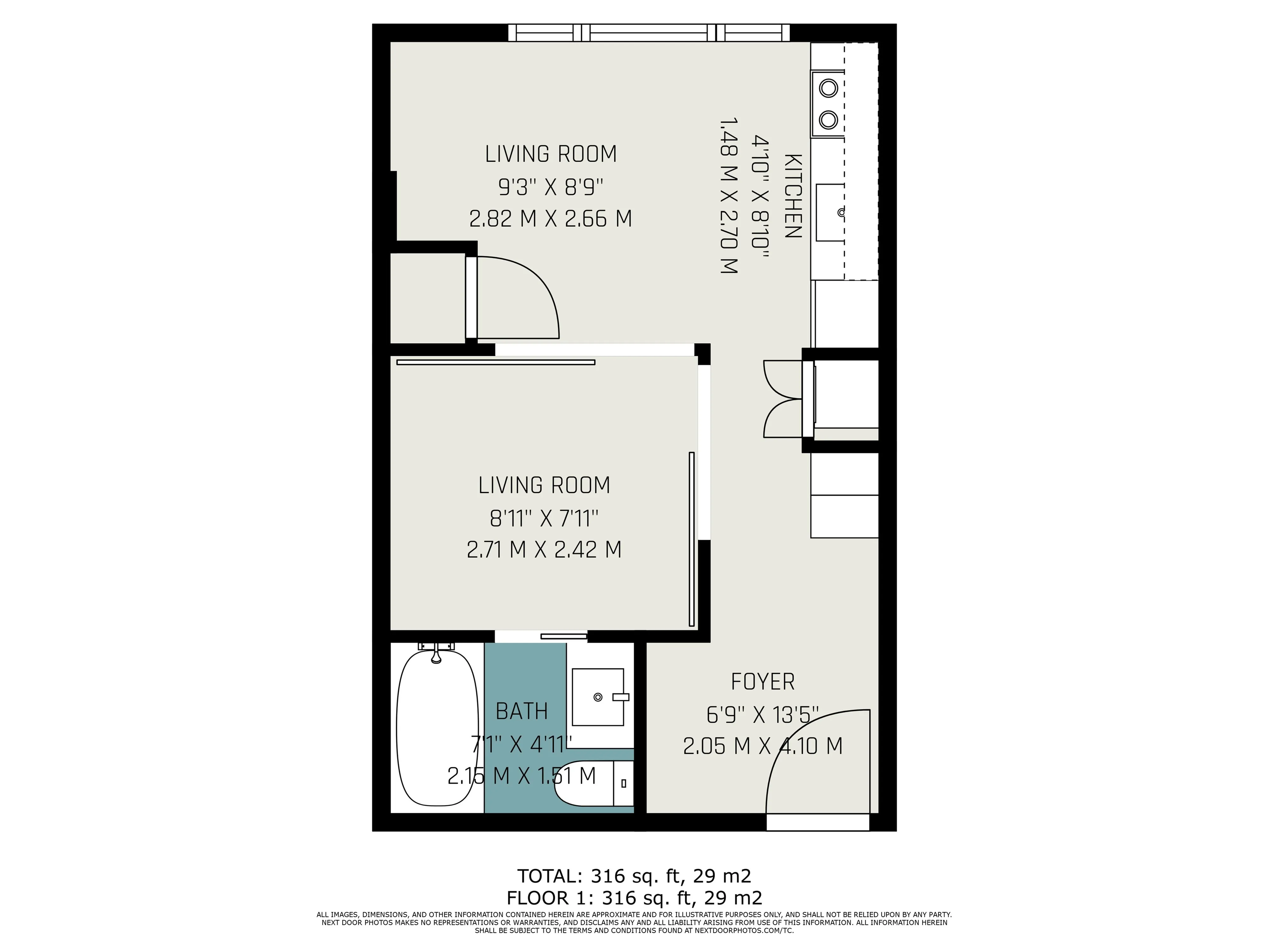 Chic and compact floor plan featuring dual living rooms, modern kitchen, cozy bath, and inviting foyer covering 316 sq. ft.