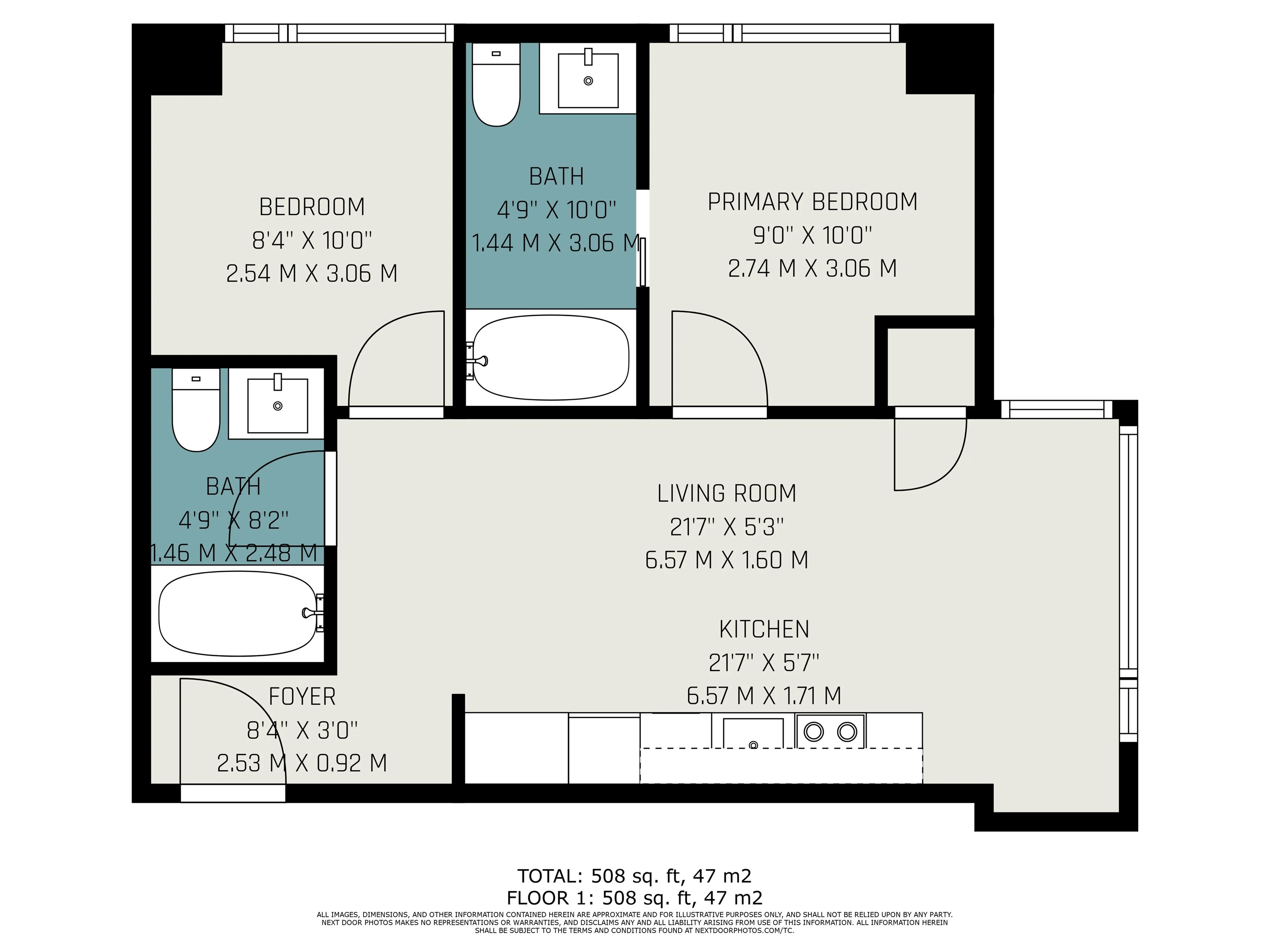 Modern 508 sq. ft. floor plan featuring 2 bedrooms, open living and kitchen area, and 2 stylish bathrooms.