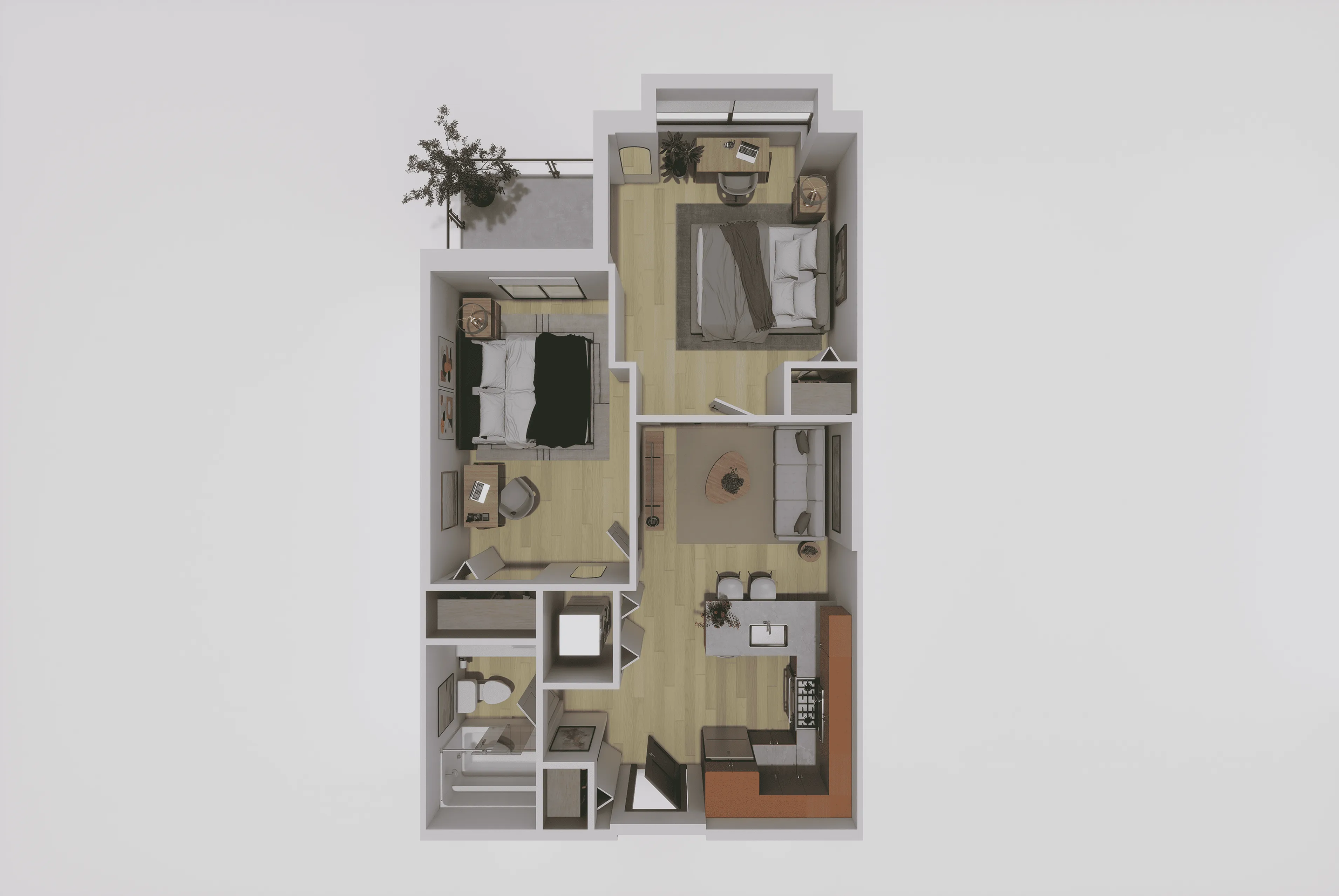 Modern 3D floor plan showcasing a cozy two-bedroom apartment with a stylish open kitchen and living area, complemented by natural lighting.