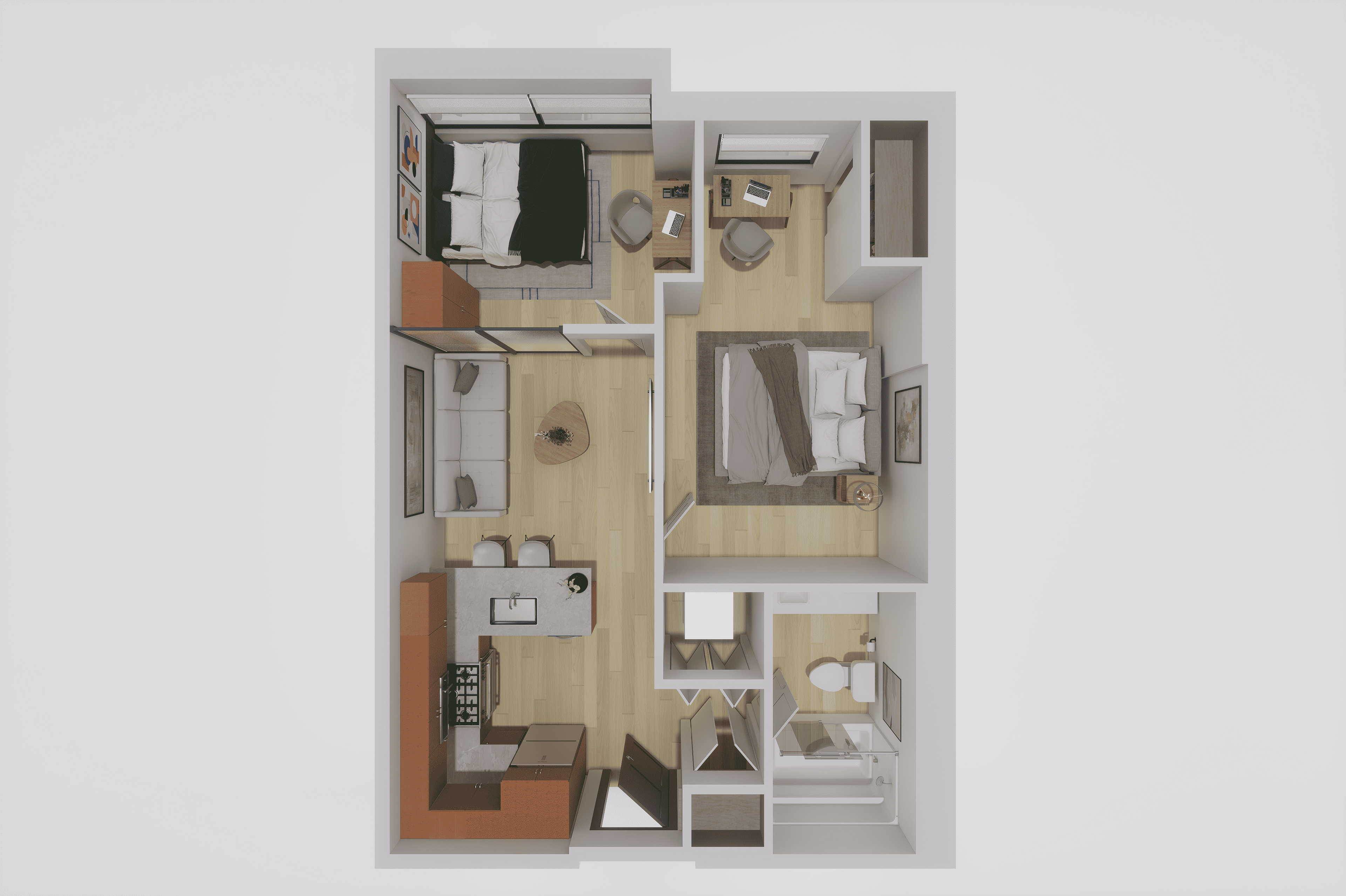 Modern 3D floor plan showcasing two spacious bedrooms, a cozy living room, an inviting kitchen, and a stylish bathroom.