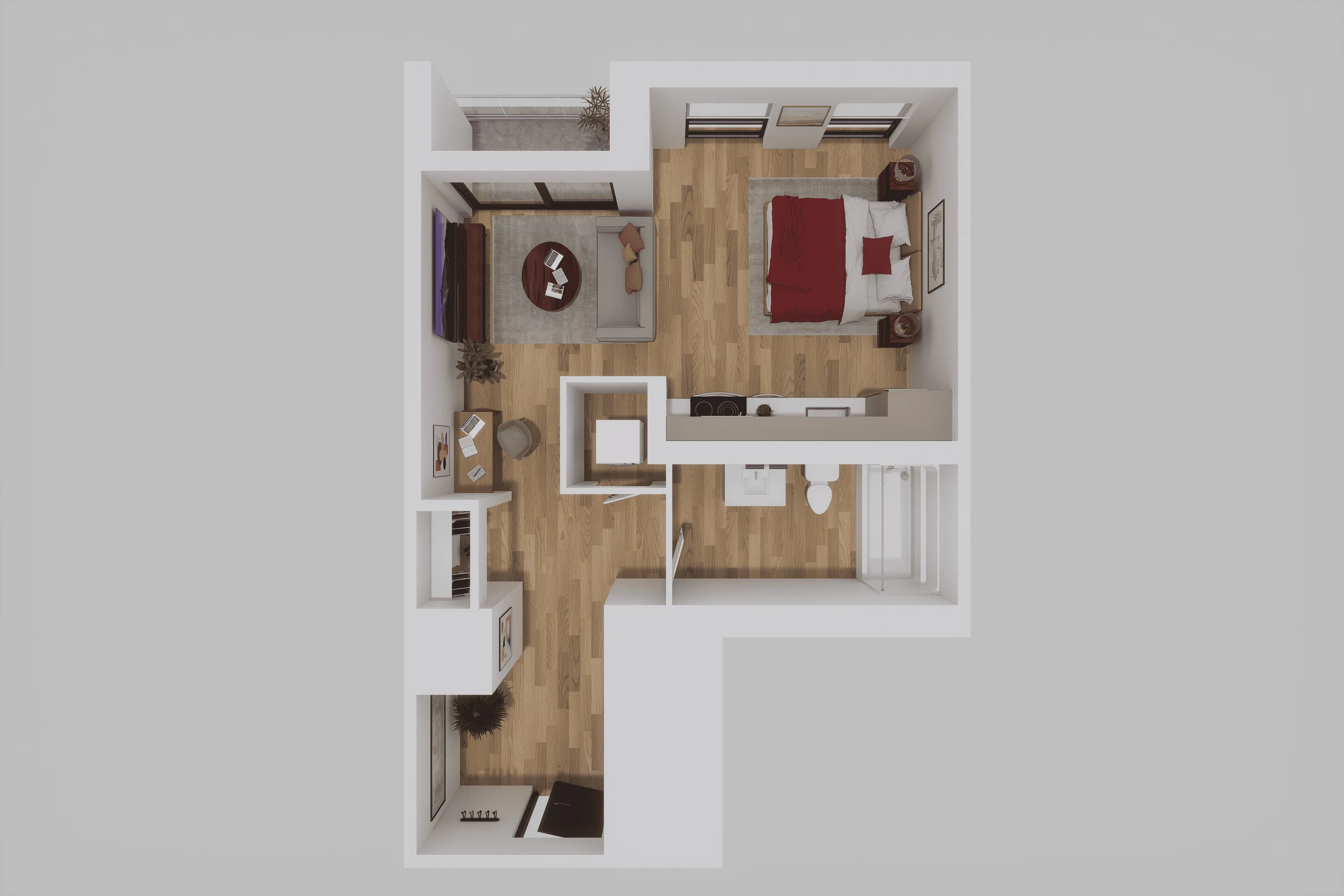 Modern 1 bedroom apartment floor plan featuring an open living area, sleek kitchen, and stylish bathroom.