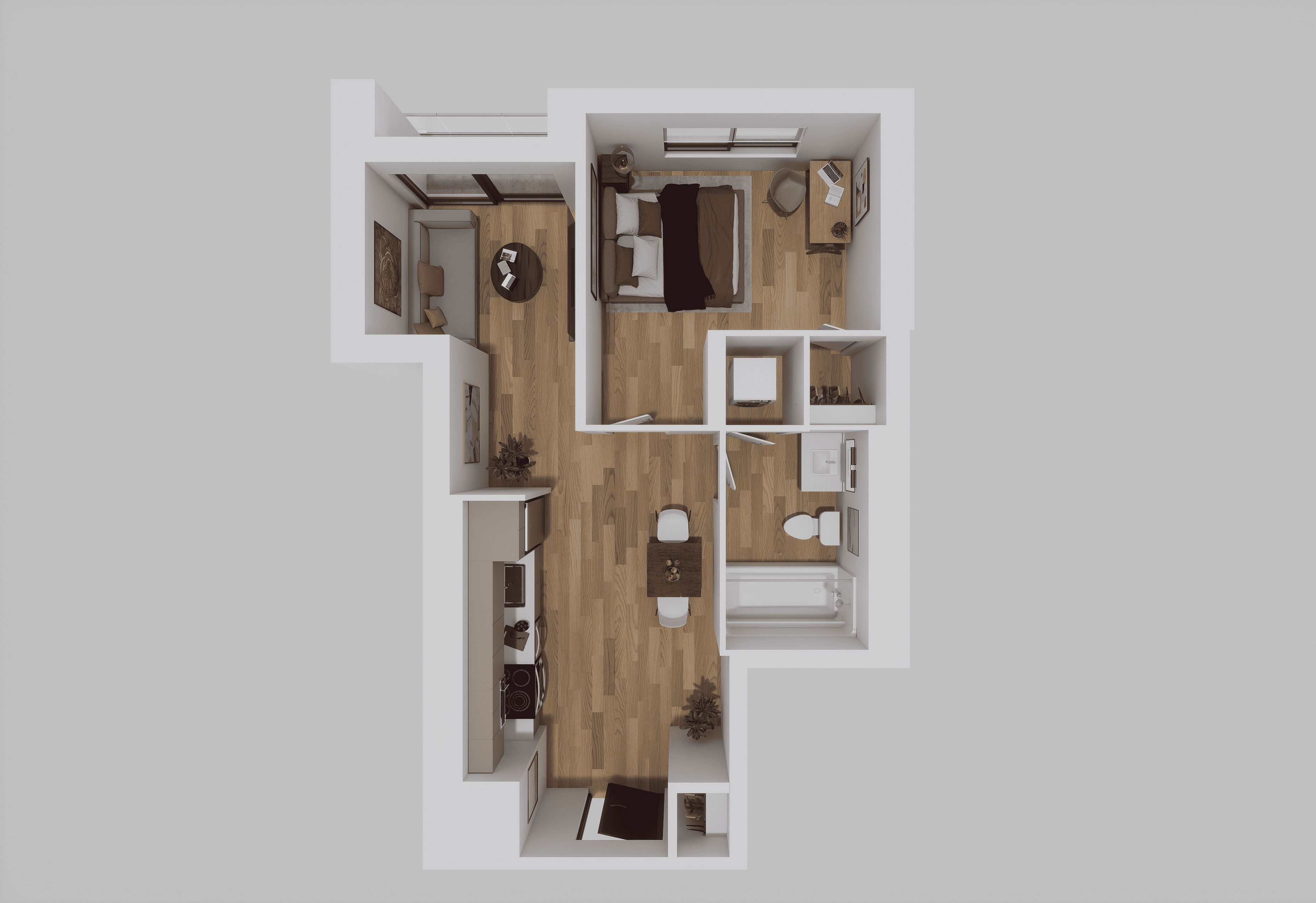 Modern 3D floor plan featuring a cozy 1-bedroom apartment with an open-concept living and dining area, sleek kitchen, and contemporary bathroom.
