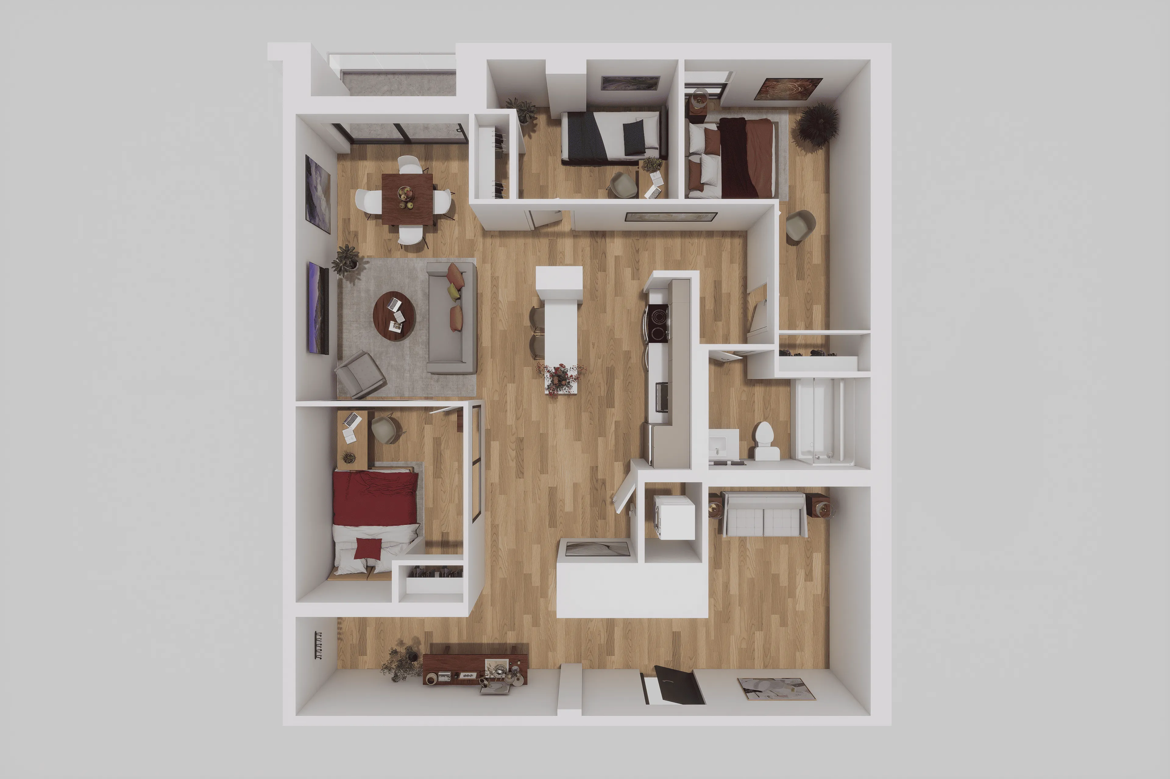 Modern 3D floor plan showcasing 3 bedrooms, a spacious living room, and a contemporary kitchen with elegant wooden flooring.