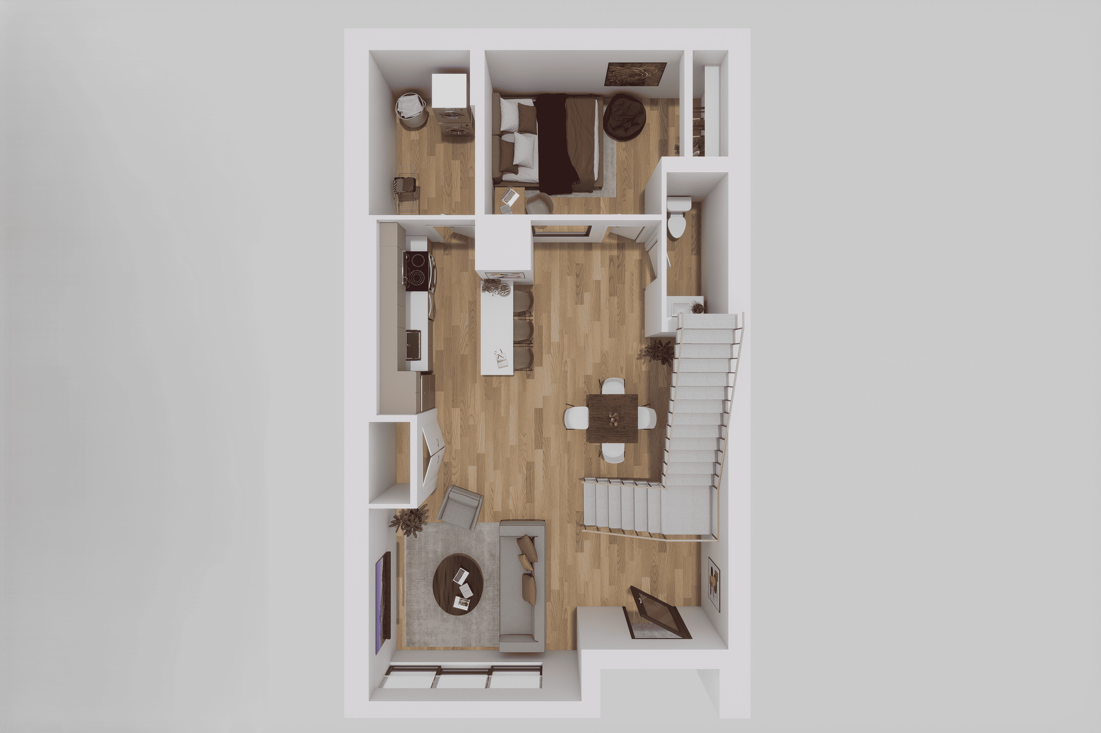 Modern 3D floor plan showcasing a single bedroom, stylish open kitchen with bar seating, and cozy dining and living spaces with elegant wood flooring.