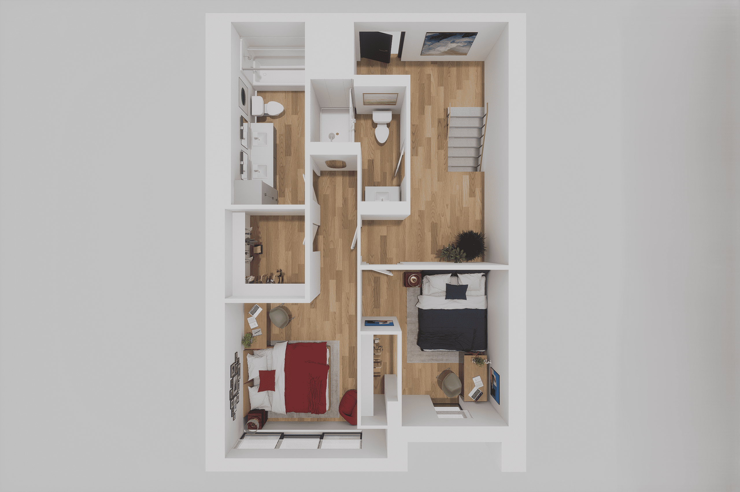 Modern 3D floor plan showcasing two cozy bedrooms, inviting open living area, and efficient bathroom layout.