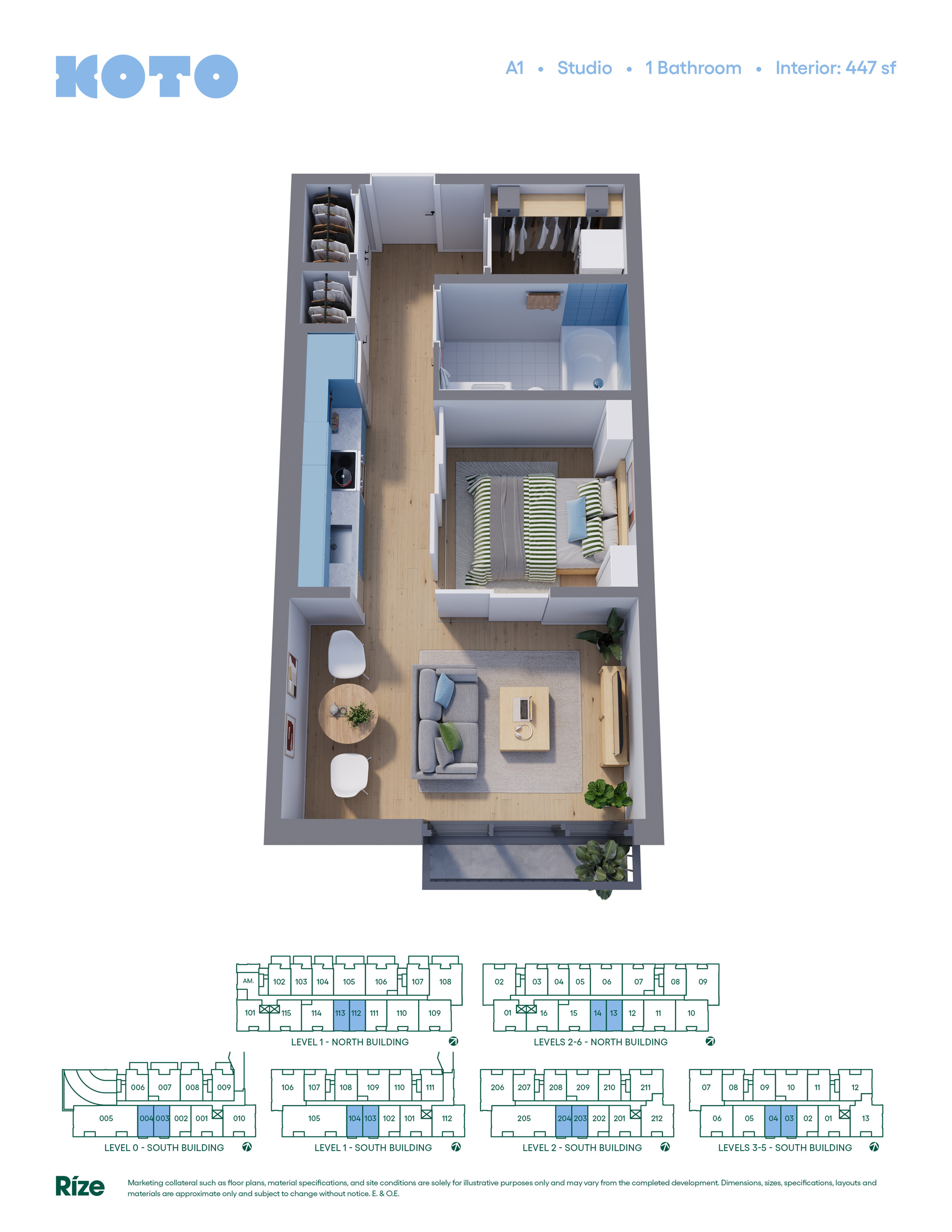 Chic studio apartment floor plan with 1 bathroom, featuring an open living area and modern kitchen, 447 sq ft interior.