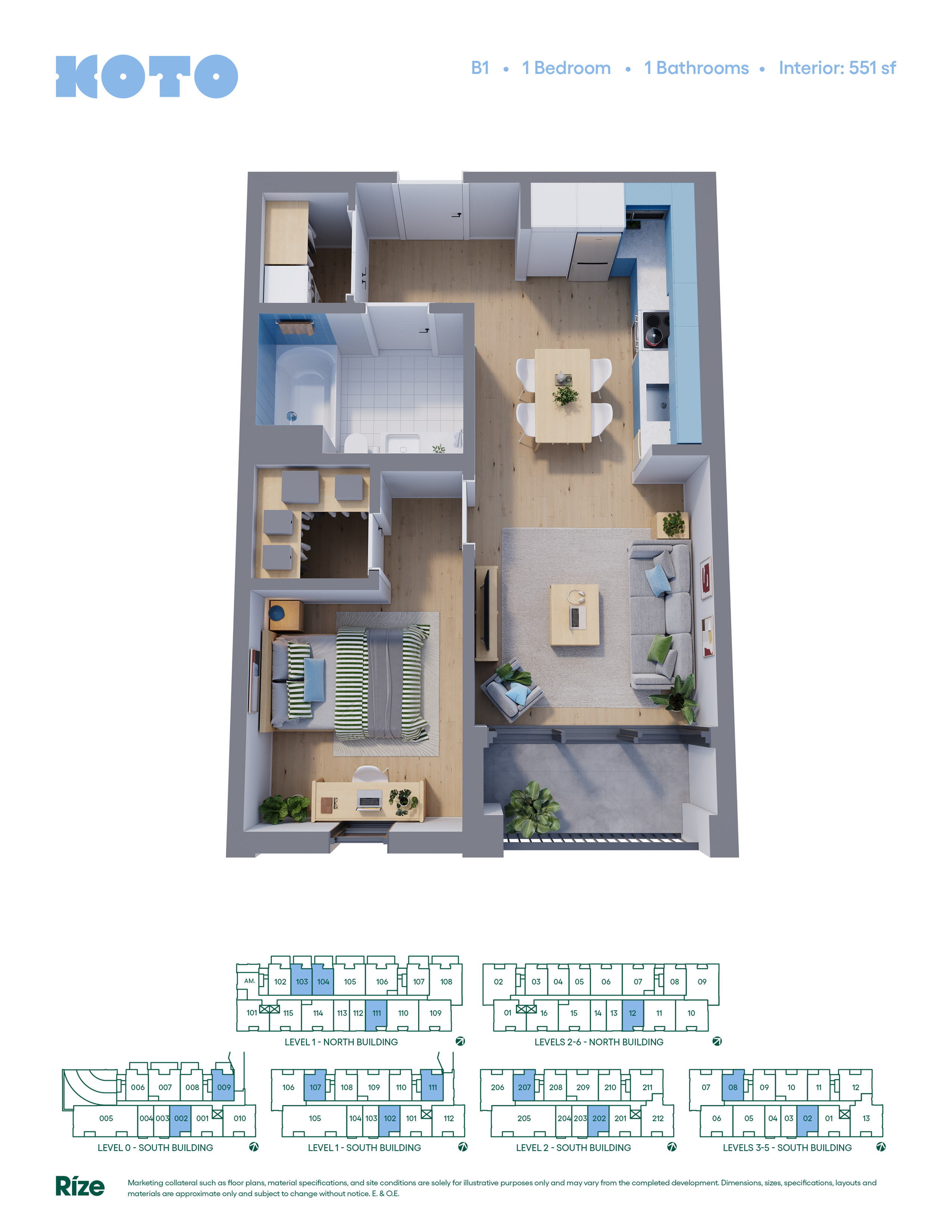 Modern 3D floor plan of a 1-bedroom apartment with open-concept kitchen and living area, featuring stylish finishes and natural lighting, 551 sq ft interior.
