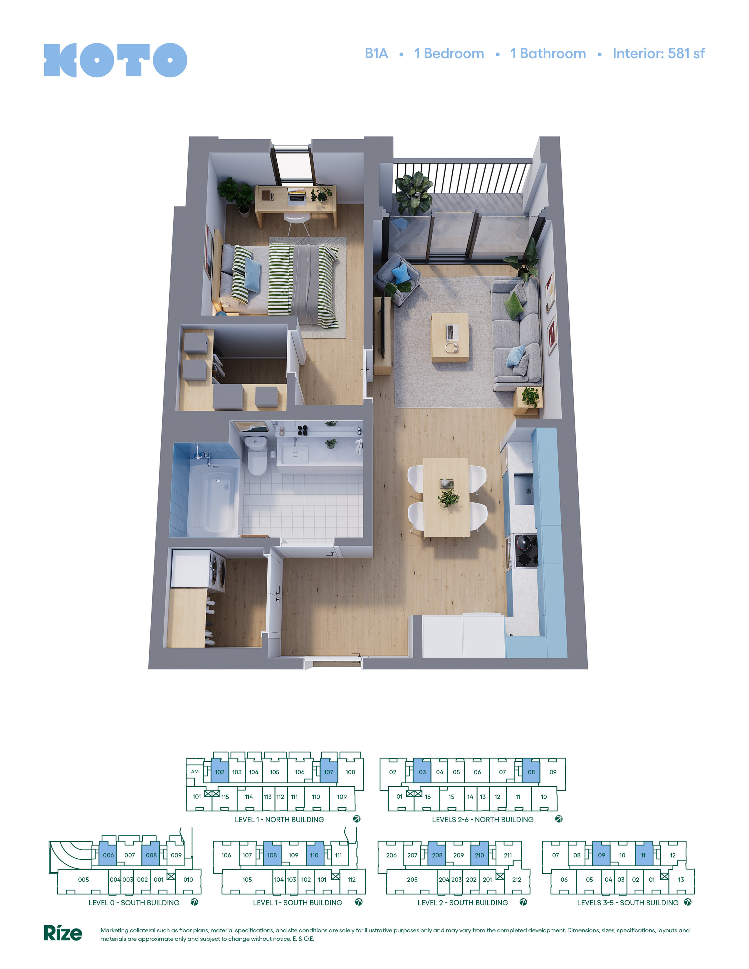 Elegant 3D floor plan for Koto B1A model featuring 1 bedroom and 1 bathroom. Includes a welcoming open-concept living and dining area, modern kitchen, and a cozy balcony. Total interior space is 581 sq ft, perfect for a contemporary lifestyle.