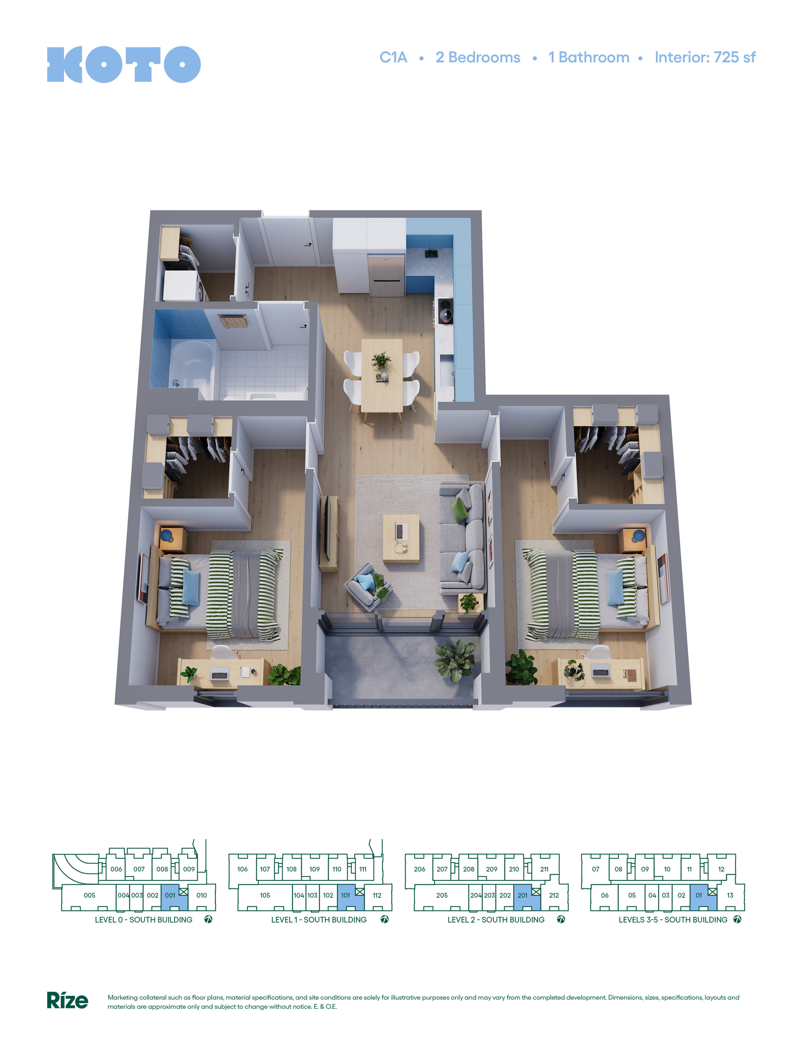 Modern 3D floor plan of the Koto residence, featuring 2 cozy bedrooms, a sleek bathroom, and an inviting living space. Total interior area of 725 sq ft for optimum comfort.