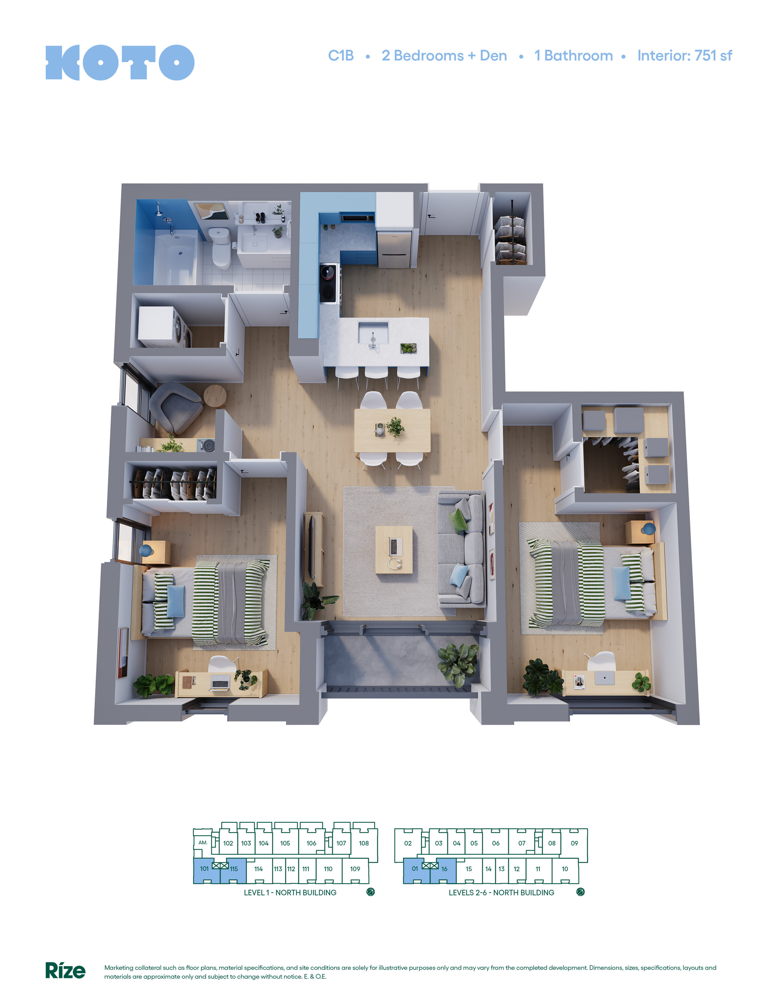 KOTO C1B floor plan featuring 2 bedrooms, a den, and an open-concept living area with a contemporary kitchen, totaling 751 sq ft.