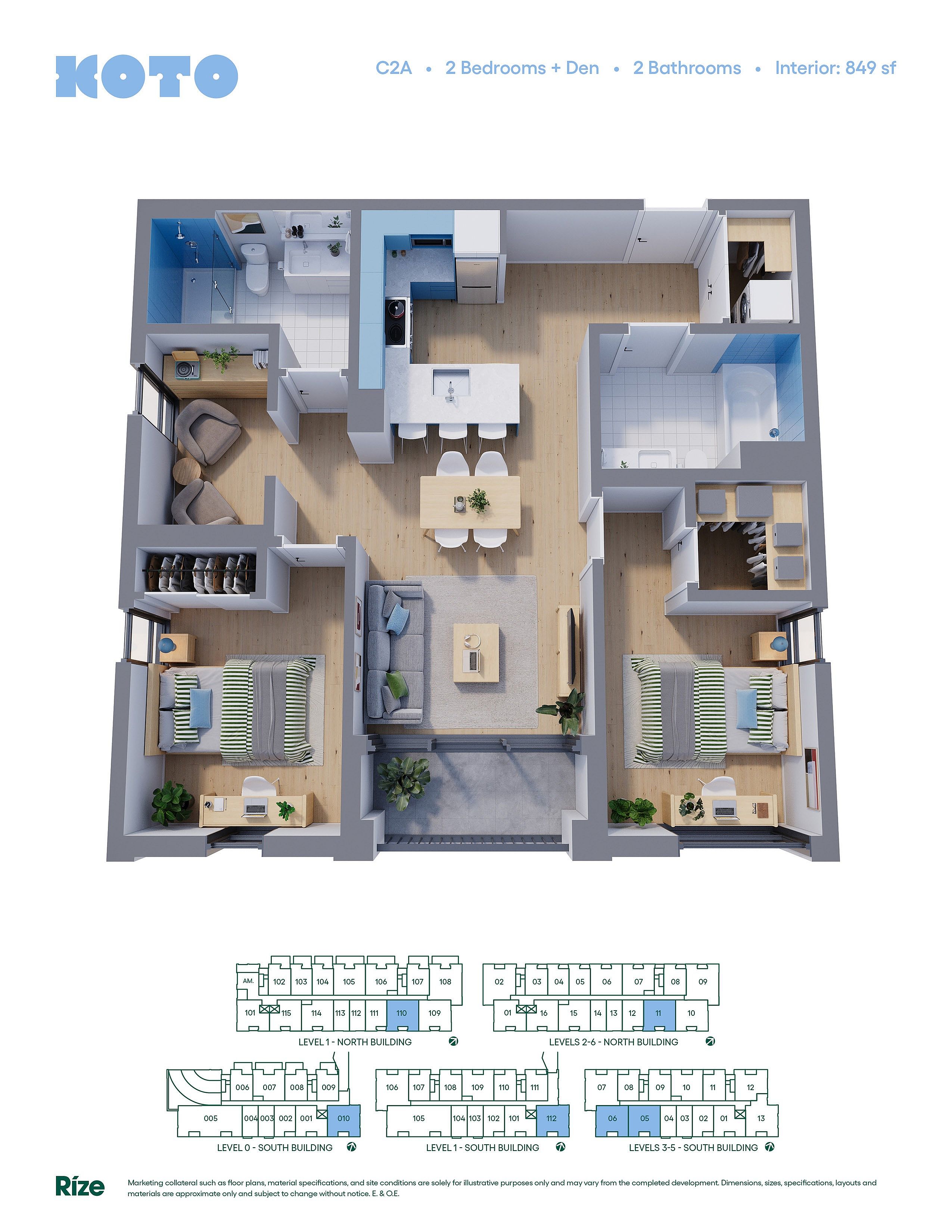 Sleek 3D floor plan of a modern apartment with 2 bedrooms, a den, and 2 bathrooms. Features an open kitchen and living area, spread across 849 square feet.