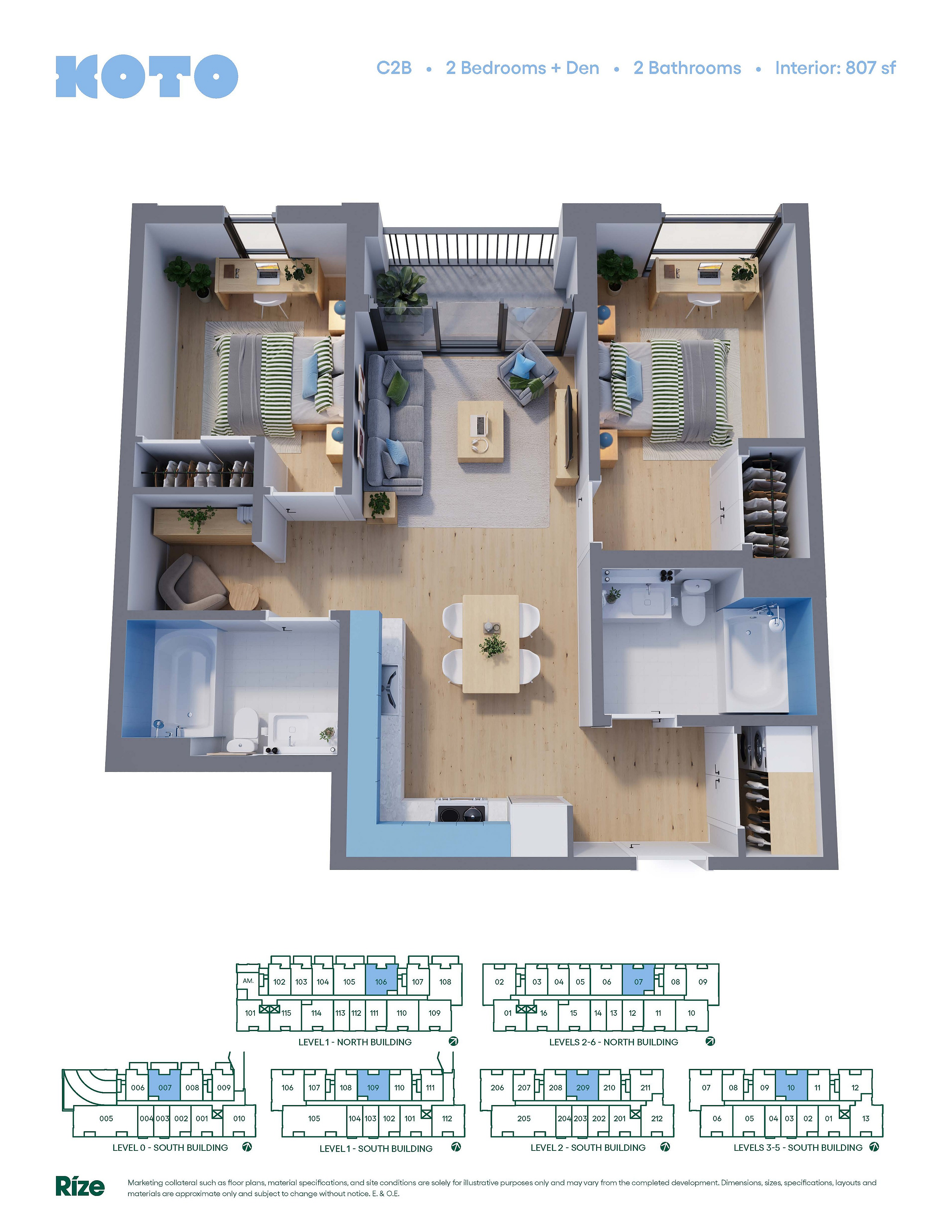 Modern 3D floor plan showcasing 2 bedrooms, a den, and 2 bathrooms with an open living space, perfect for contemporary living. Interior spans 807 sq ft.