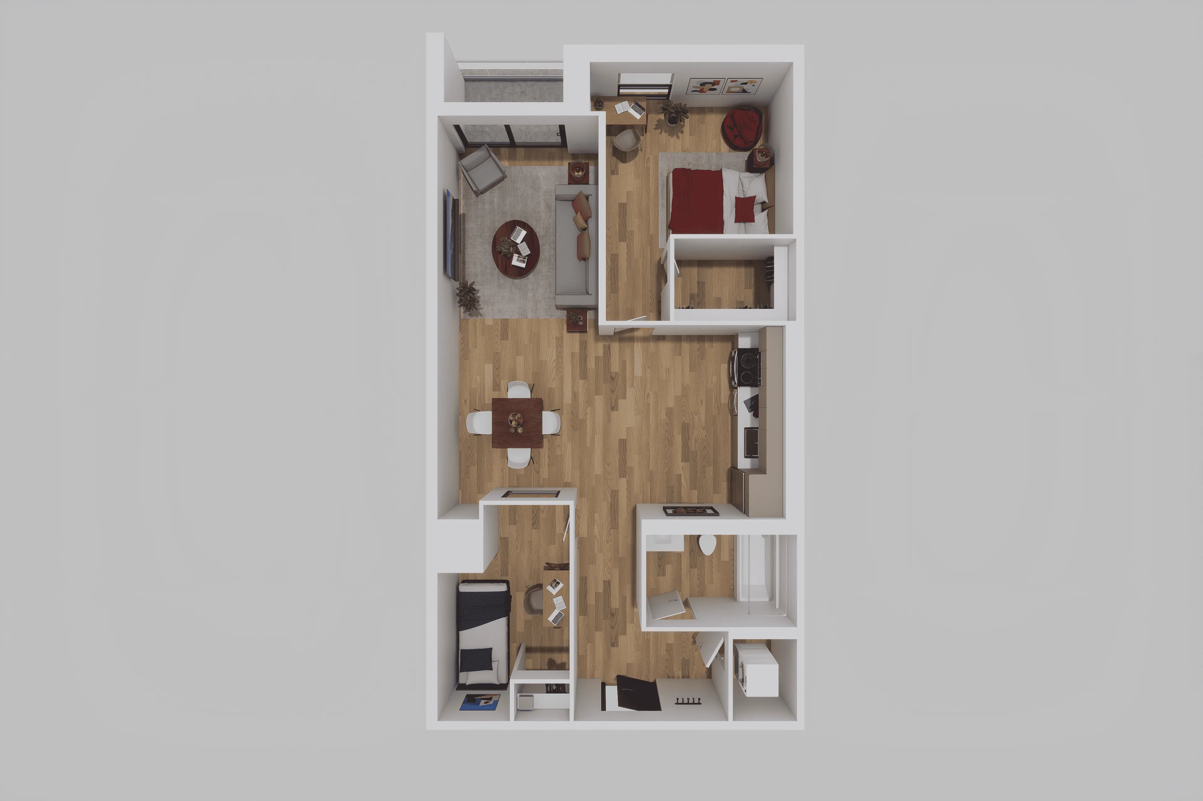 Elegant 3D floor plan showcasing a cozy apartment with two bedrooms, inviting living area, stylish kitchen, and modern bathroom.