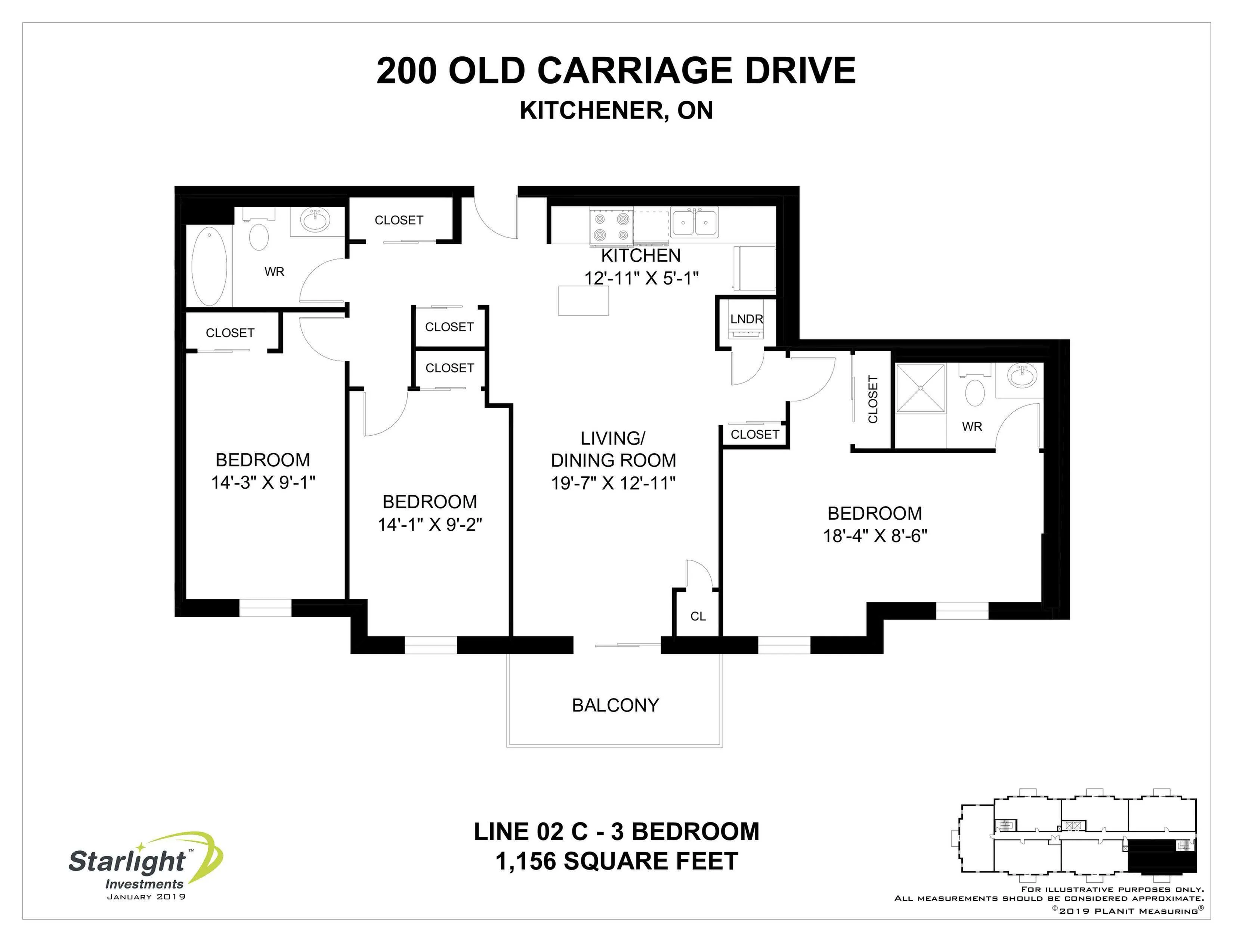 Modern floor plan for 200 Old Carriage Drive, Kitchener, featuring 3 bedrooms, a spacious living/dining area, and a compact kitchen. Includes a balcony for outdoor enjoyment, covering 1,156 square feet.