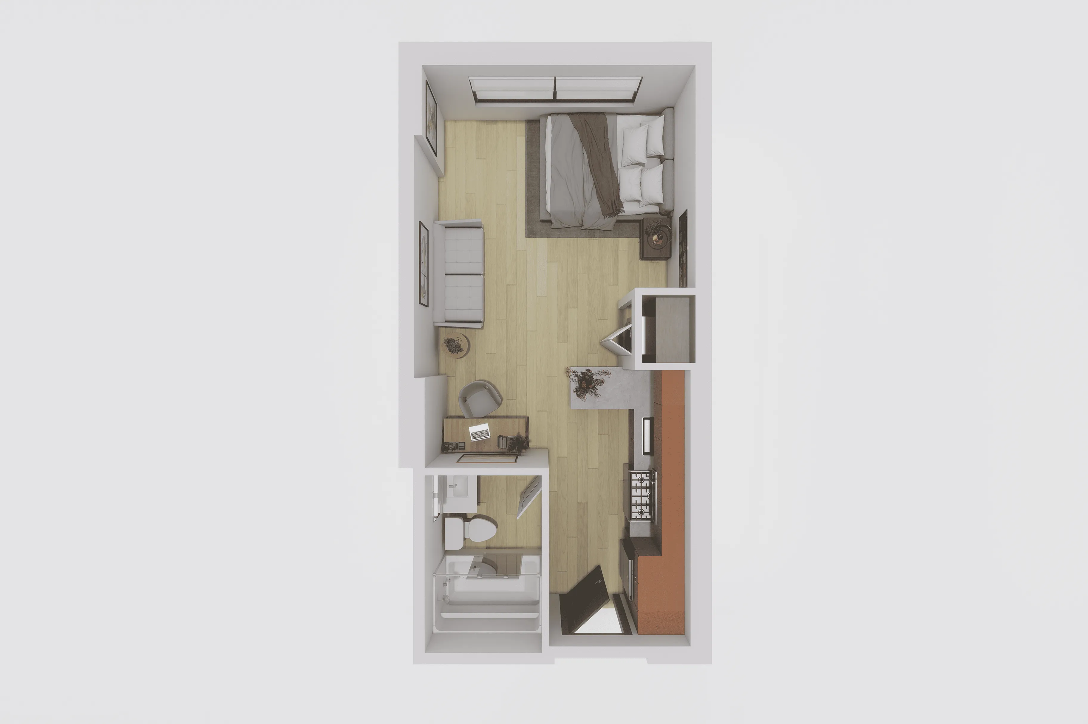 Modern studio apartment layout showcasing an open-bedroom design, integrated living space, and a compact kitchen area with a stylish bathroom.