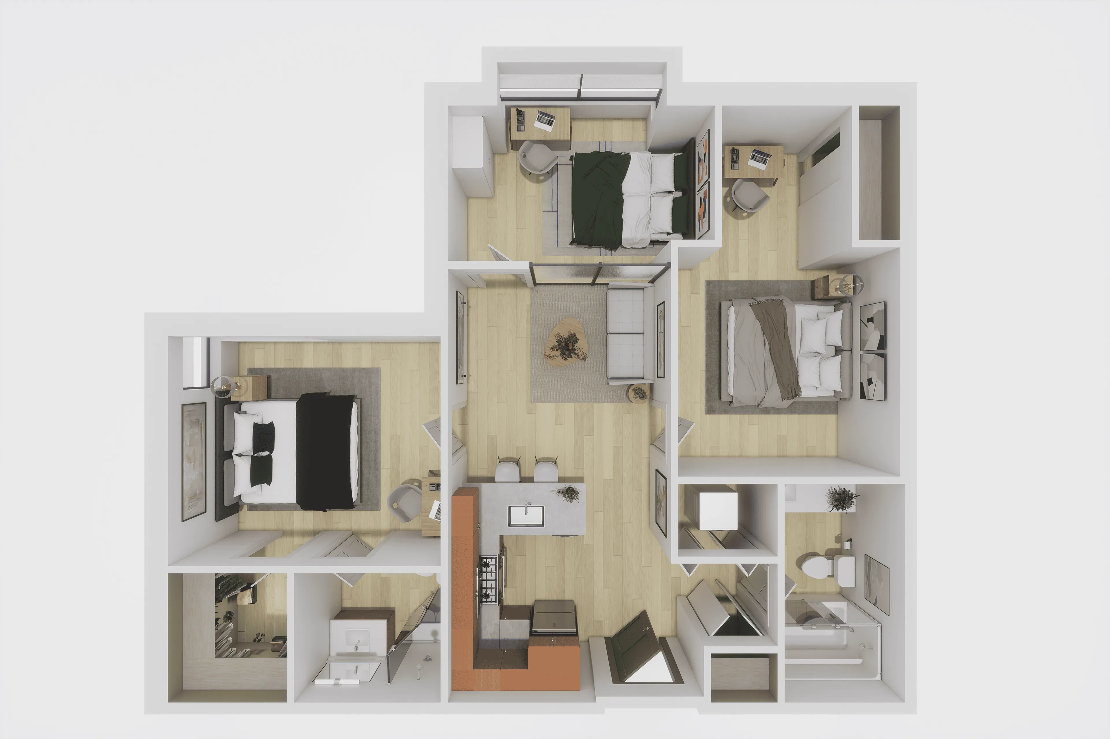Contemporary 3-bedroom apartment floor plan with open-concept living area, modern kitchen, and stylish decor, offering a spacious and inviting layout.