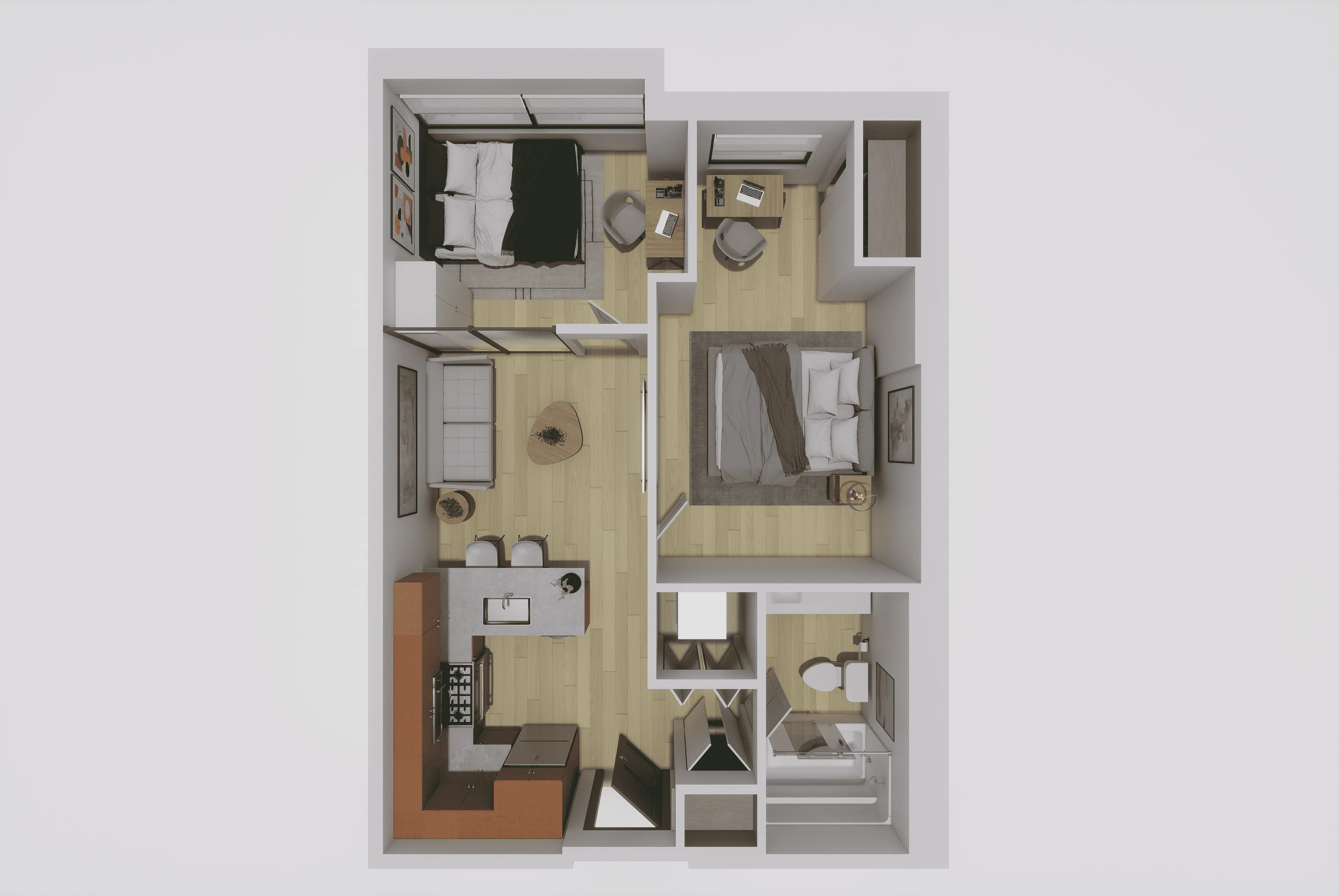 Modern 3D floor plan featuring two bedrooms, a cozy living area, and a sleek kitchen with dining space, perfect for stylish apartment living.